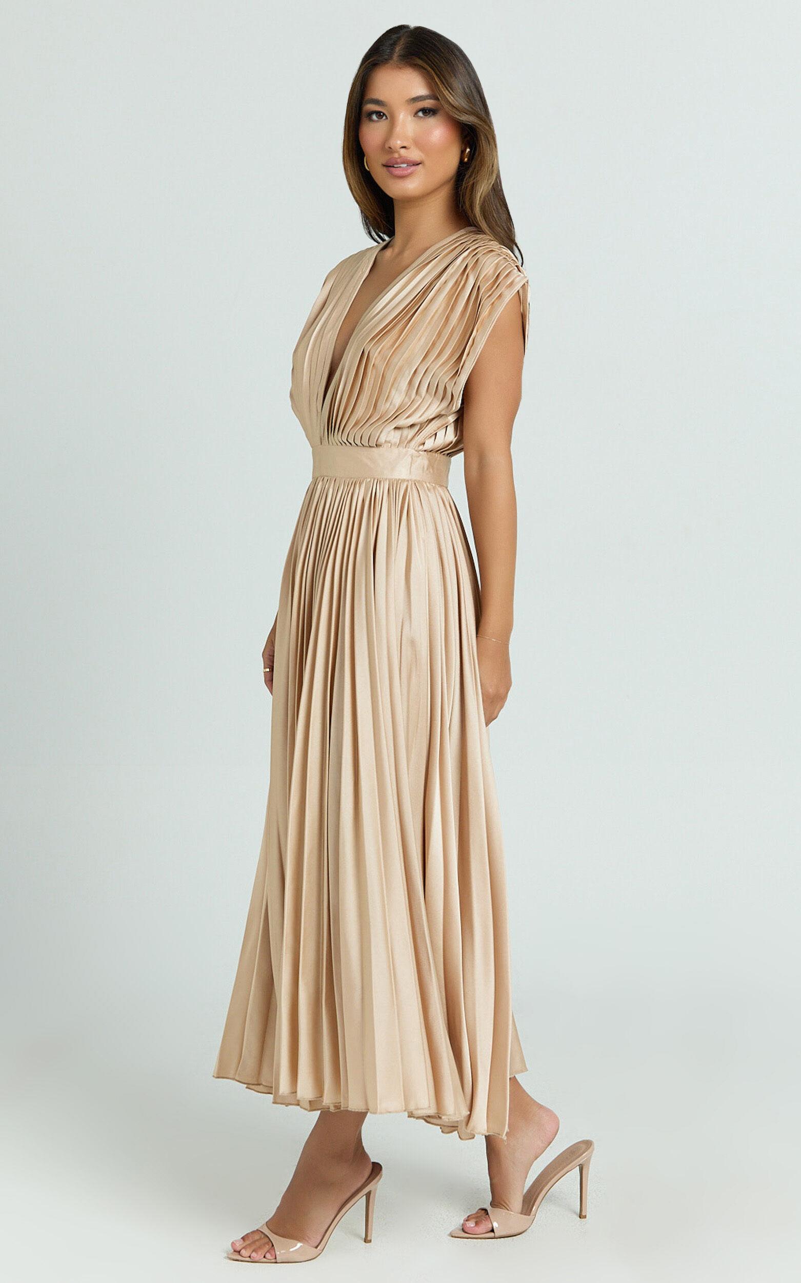 Della Midi Dress - Plunge Neck Short Sleeve Pleated Dress in Champagne Product Image