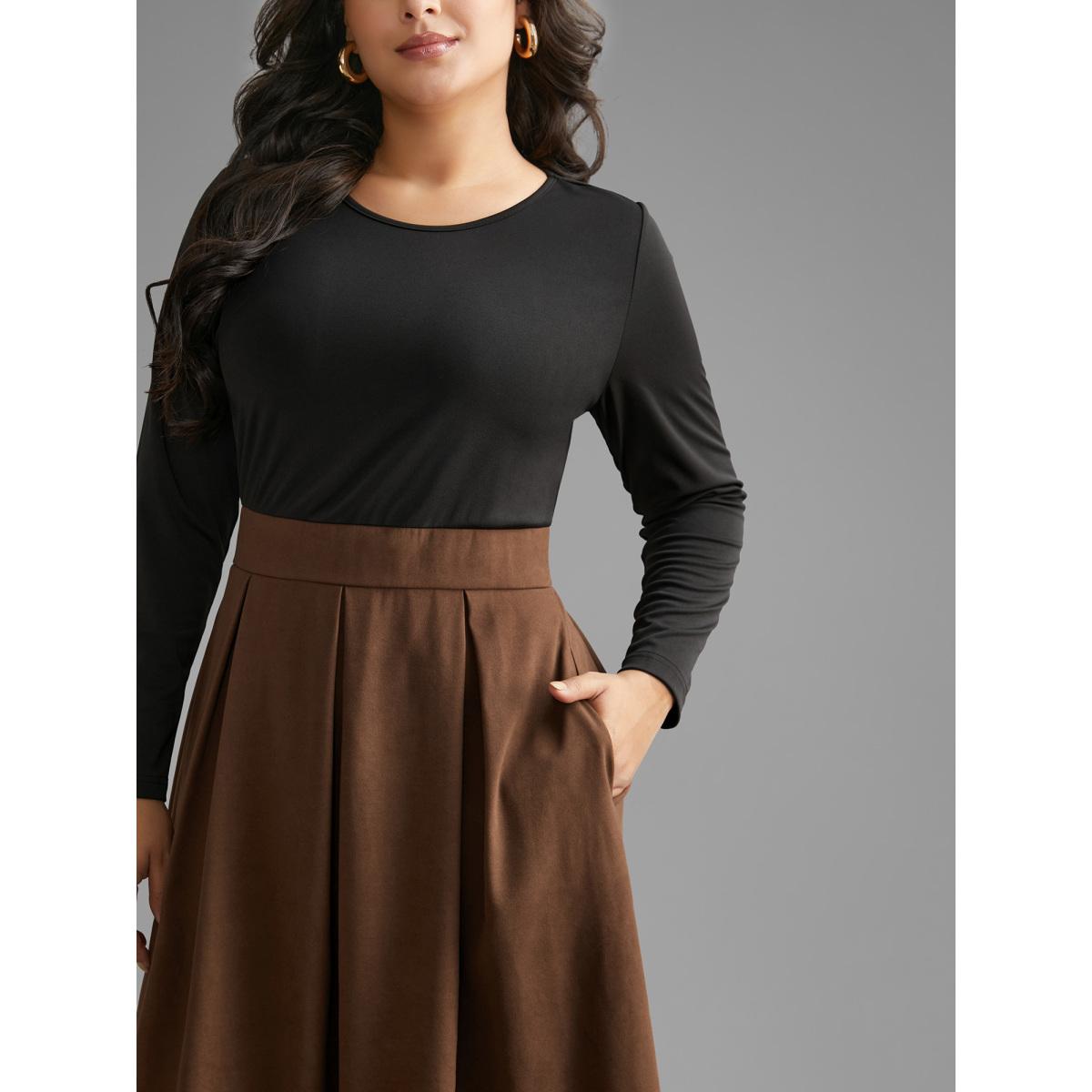 Plus Size Crew Neck Contrast Shirred Pleated Dress Browncoffeecolor Women Casual Contrast Round Neck Long Sleeve Curvy BloomChic 18-20/2X Product Image