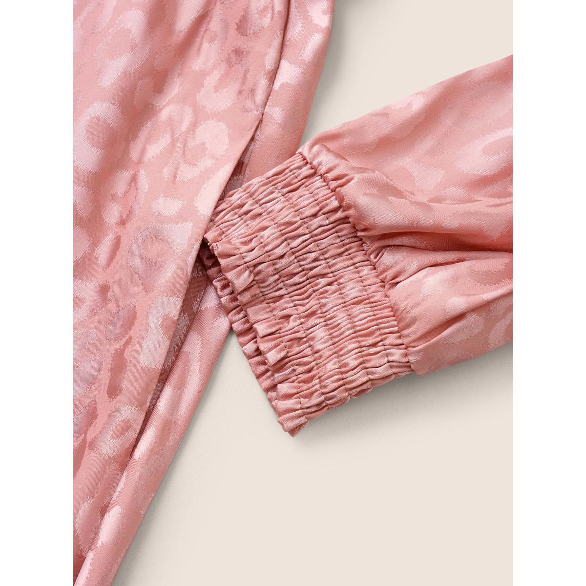 Plus Size Leopard Shirred Wrap Belted Gathered Dress Crepe Women Elegant Wrap Overlap Collar Long Sleeve Curvy Midi Dress BloomChic 30/6X Product Image