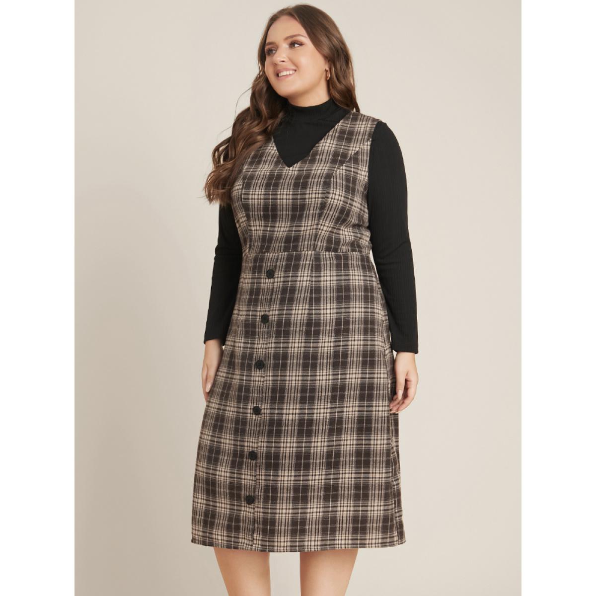 Plus Size Plaid Sleeveless Button Detail Dress Without Sweater DarkBrown Women Office Button V-neck Sleeveless Curvy Midi Dress BloomChic 26/4X Product Image
