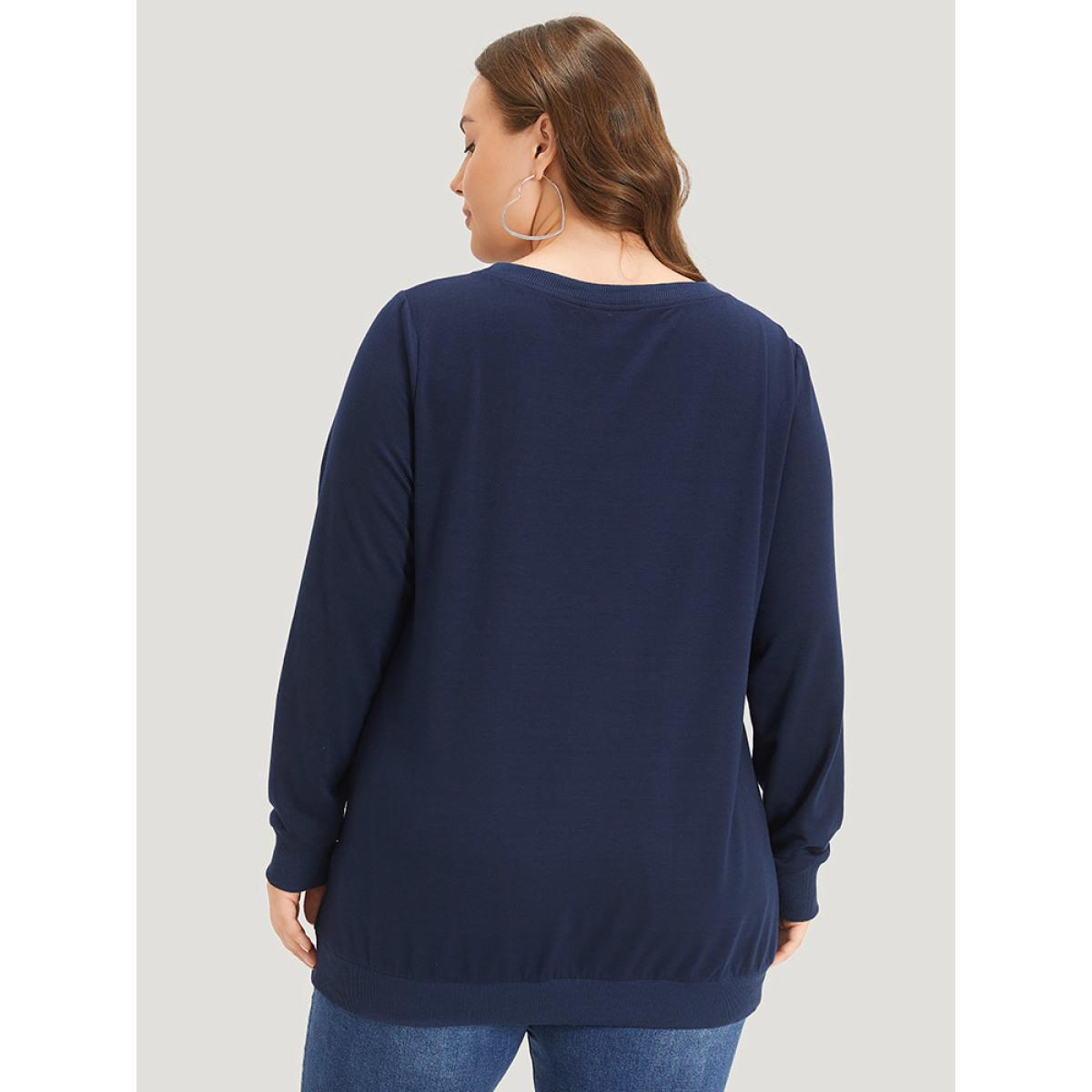 Plus Size Letter Print Crew Neck Elastic Cuffs Sweatshirt Women Indigo Casual Elastic cuffs Dailywear Sweatshirts BloomChic 26/4X Product Image