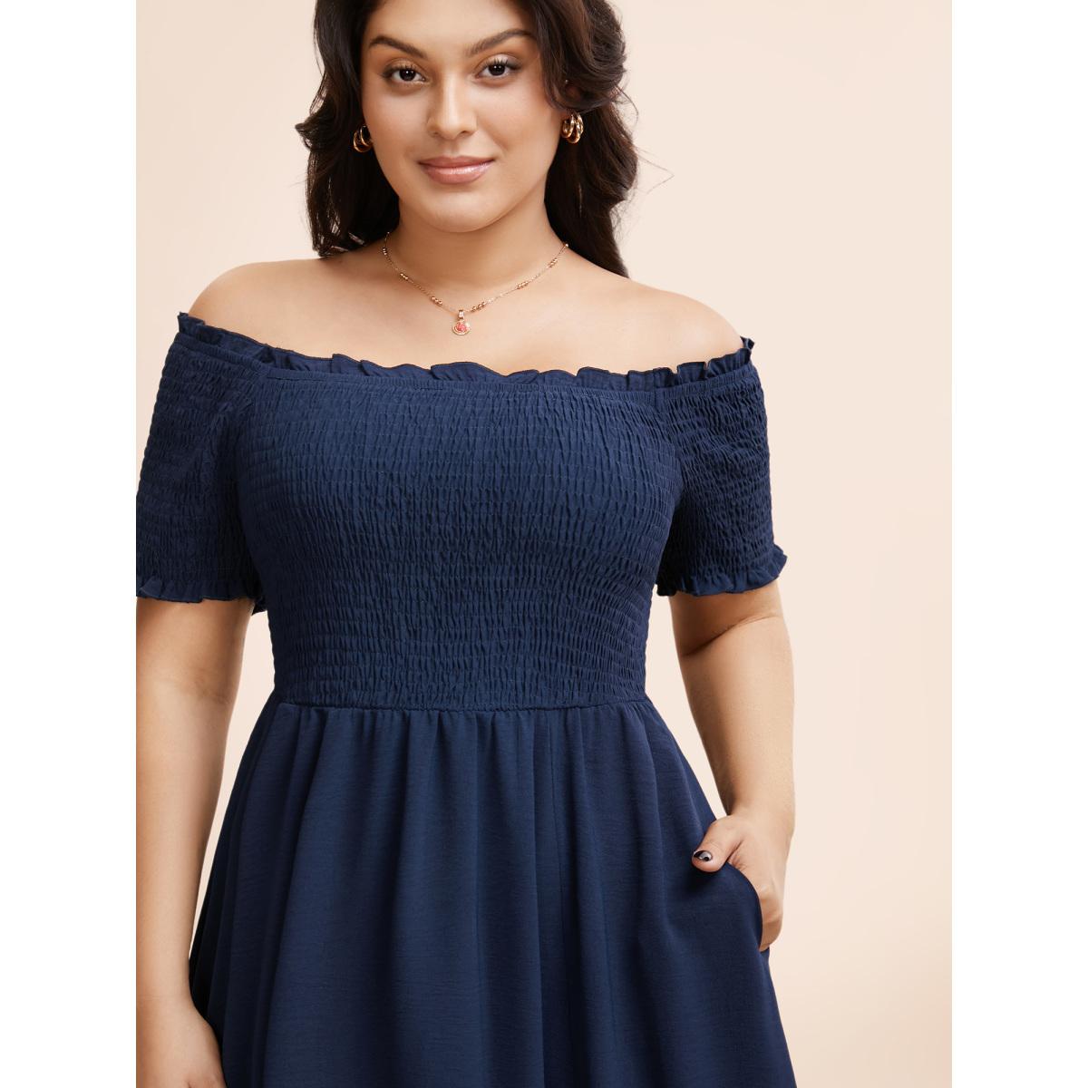 Plus Size Off Shoulder Shirred Lace Patchwork Dress Indigo Women Elegant Woven ribbon&lace trim One-shoulder neck Short sleeve Curvy BloomChic 12/L Product Image