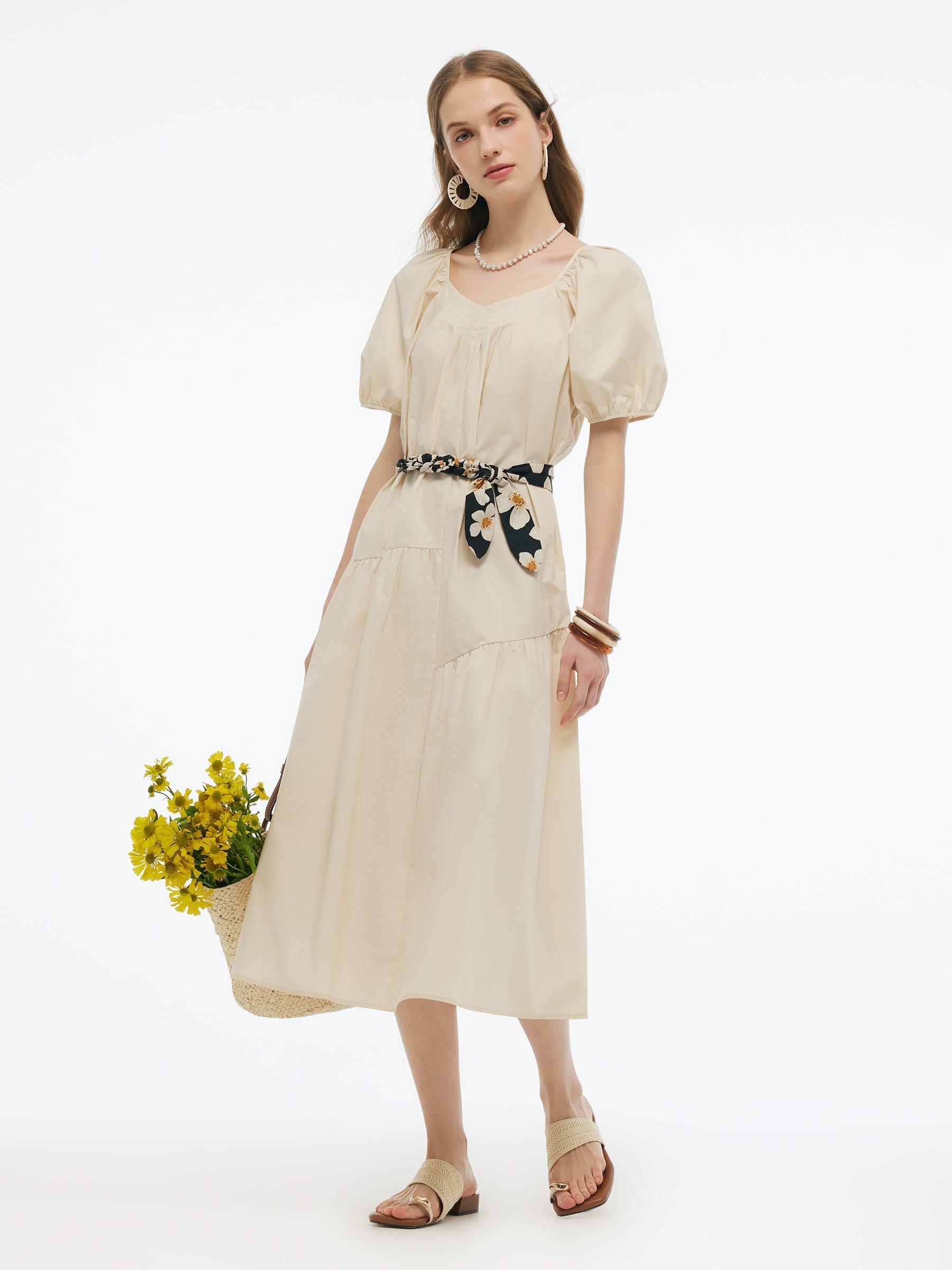 100% Cotton A-Line Women Maxi Dress With Two Tie Belts Product Image