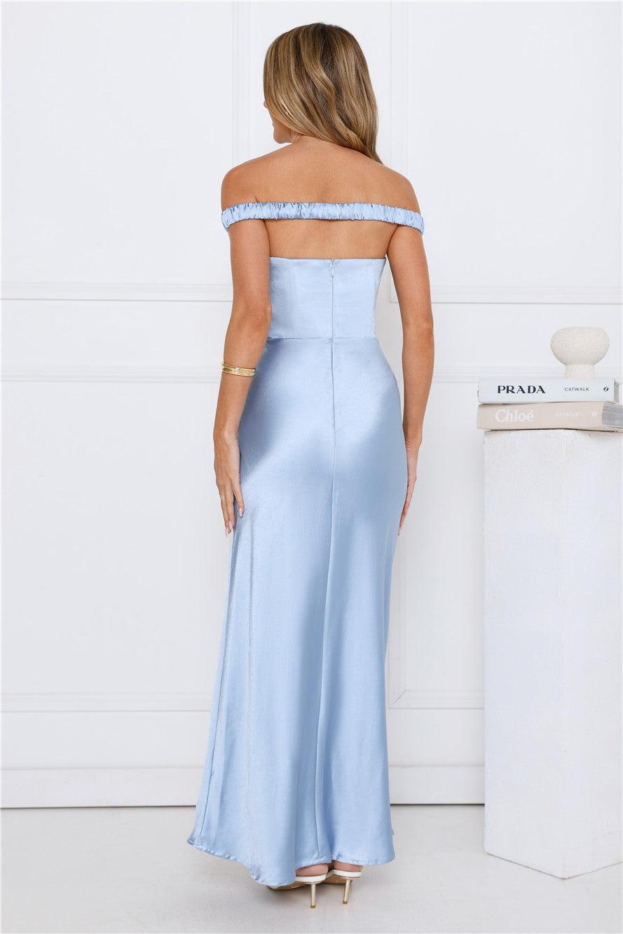 Formal Hourglass Off Shoulder Satin Maxi Dress Blue Product Image