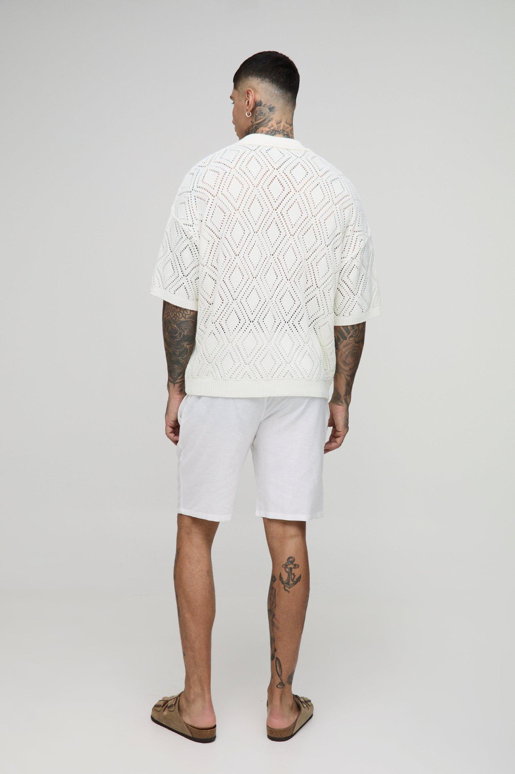 Tall Short Sleeve Boxy Fit Revere Open Knit Polo | boohooMAN USA Product Image