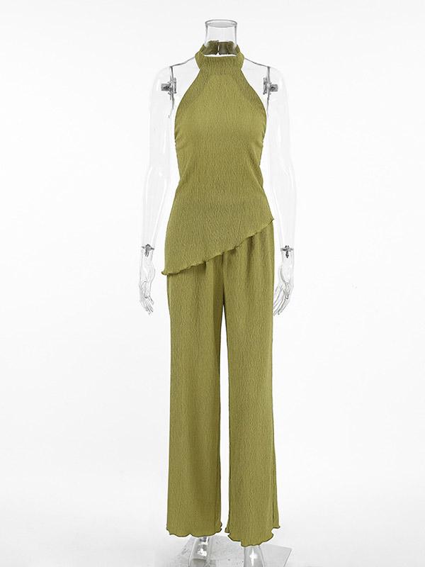 Solid Color Pleated Sleeveless Asymmetric High Neck Vest + Wide Leg Pants Two Pieces Set Product Image