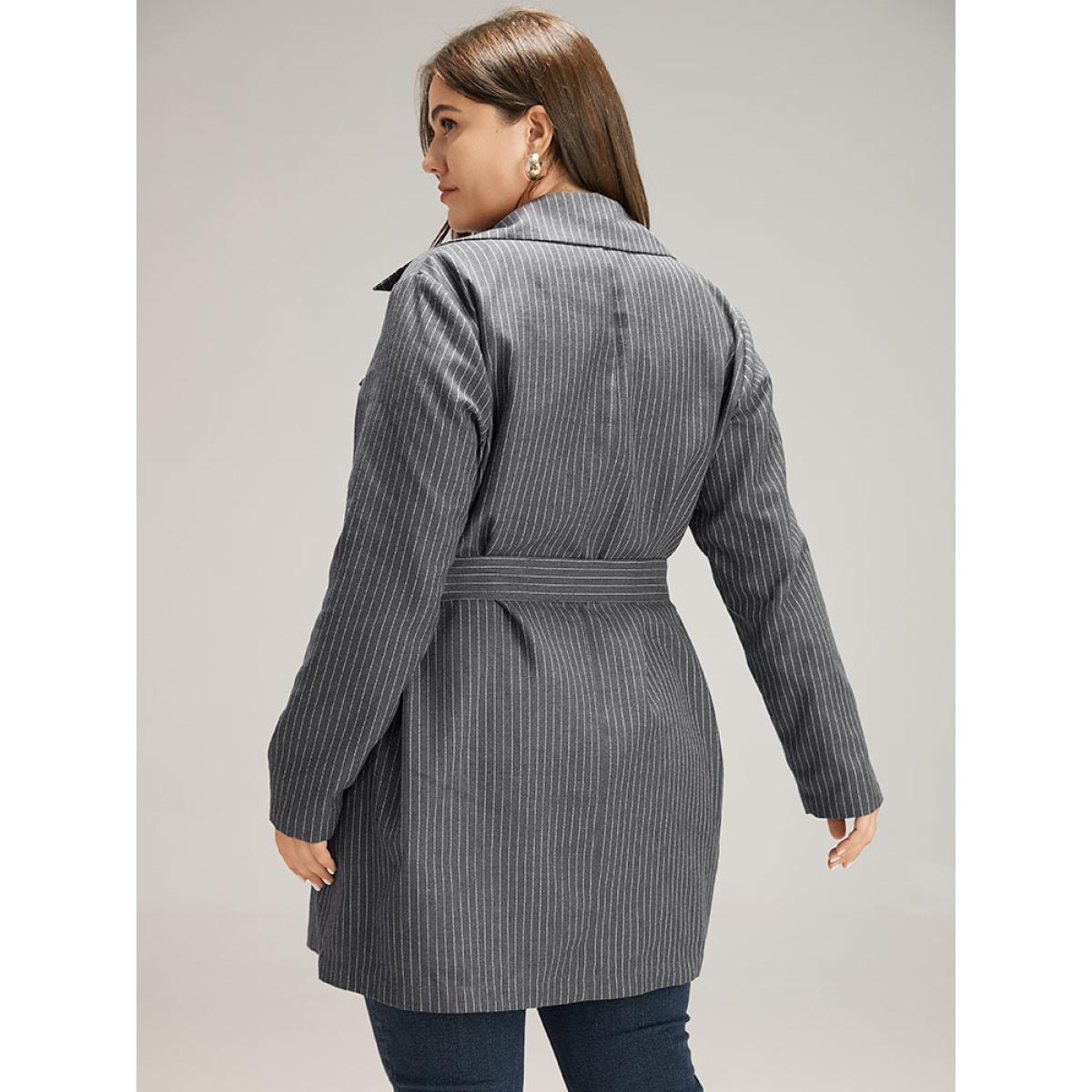 Plus Size Striped Belted Lapel Collar Tunic Coat Women DimGray Casual Belted Ladies Dailywear Winter Coats BloomChic 22-24/3X Product Image