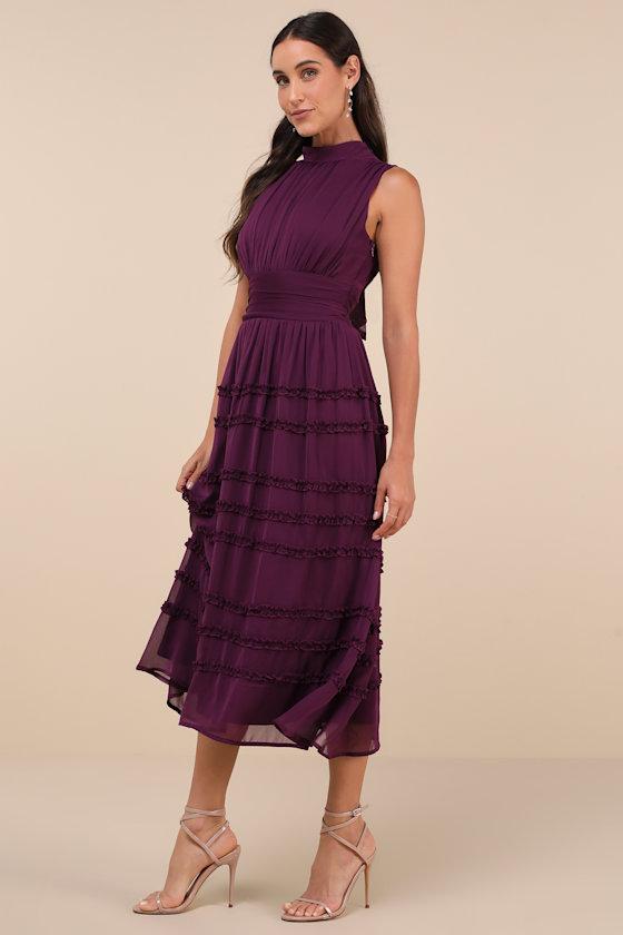 Happily Sweet Purple Mock Neck Backless Midi Dress Product Image