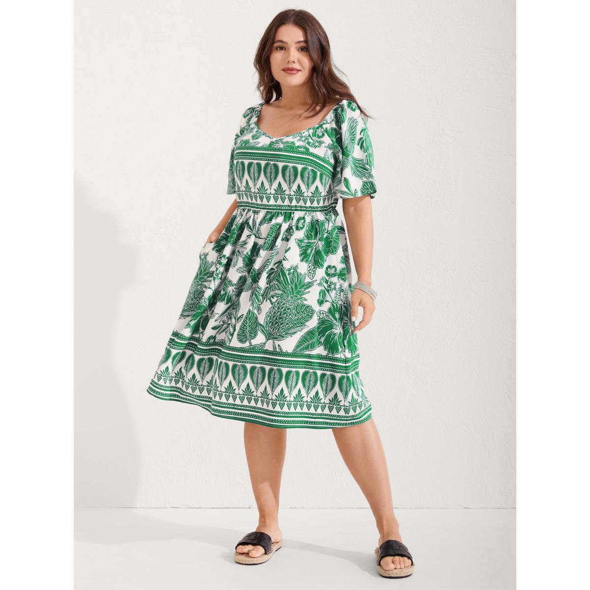 Plus Size Boho Print Fit Flare Pockets Midi Dress DarkBlue Women Resort Non Heart neckline Short sleeve Curvy BloomChic 30/6X Product Image