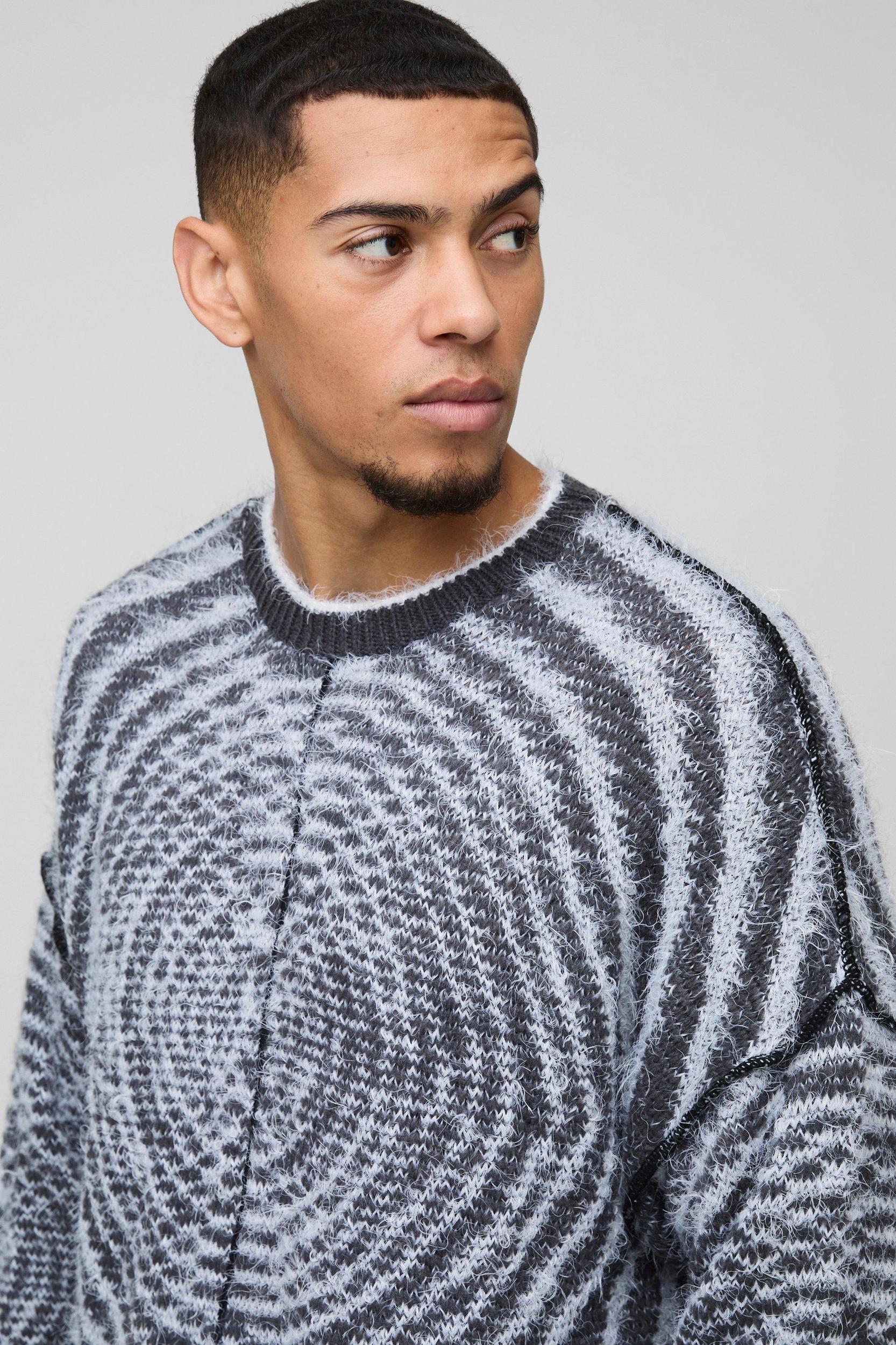 Boxy Fit Fluffy Textured Contrast Knit Sweater | boohooMAN USA Product Image