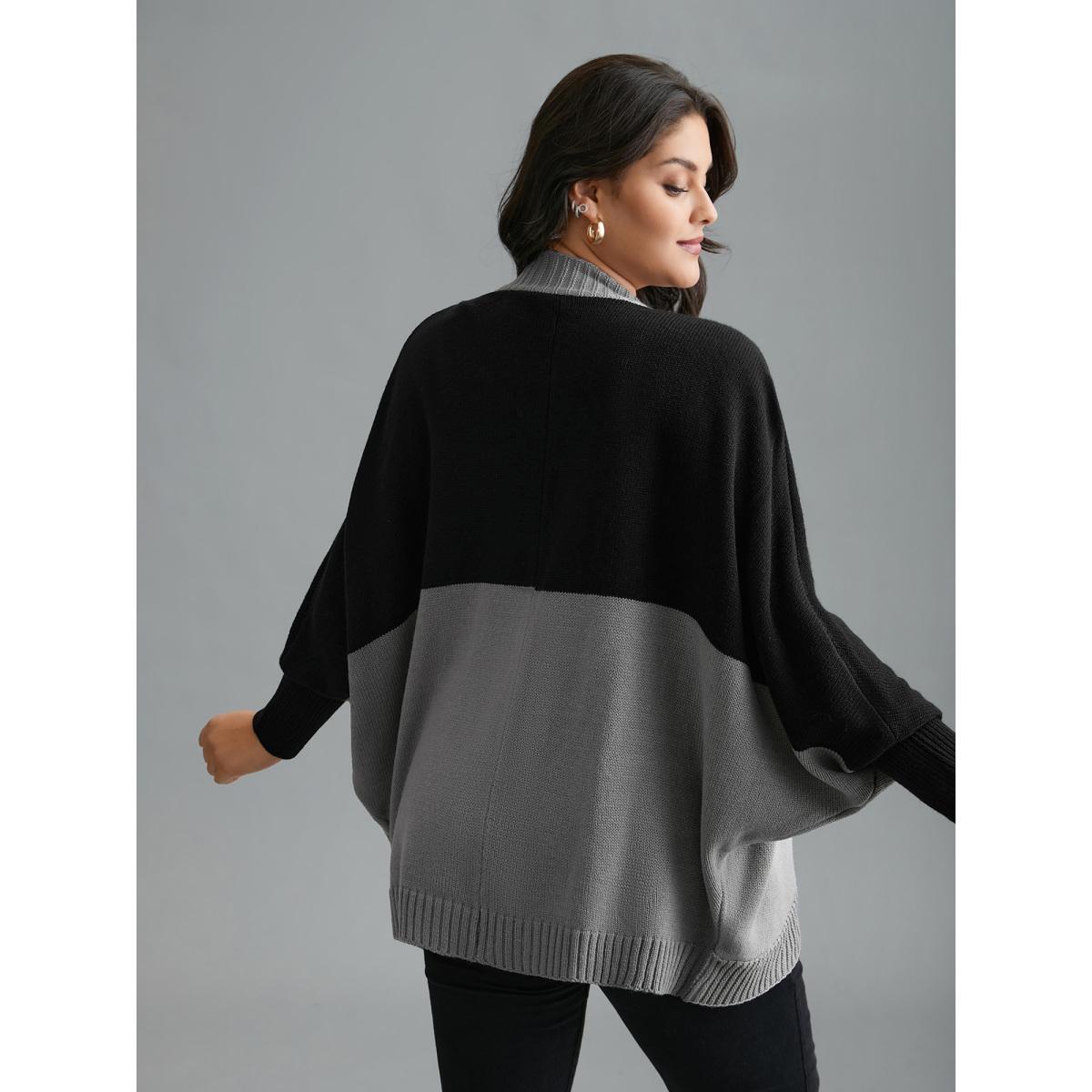 Plus Size Curvy Ribbed Hem Color Block Knit Cardigan Black Women Casual Loose Long Sleeve Everyday Cardigans BloomChic 26/4X Product Image
