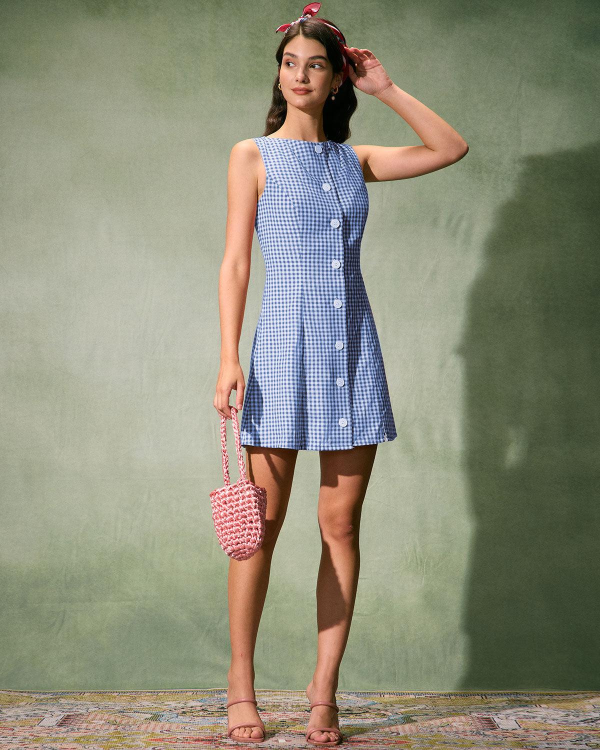 The Blue Boat Neck Cotton Plaid Mini Dress Product Image