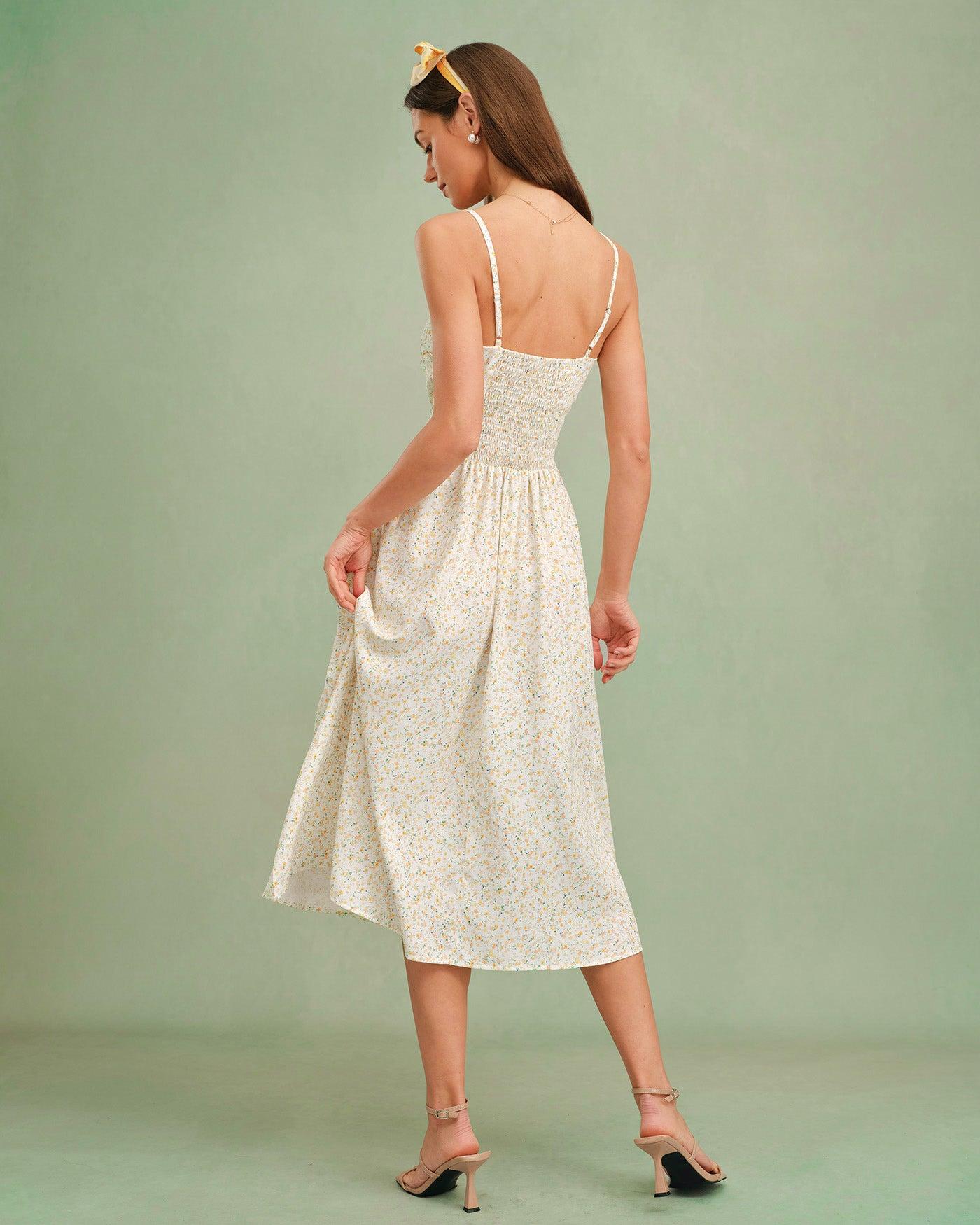 Yellow Sweetheart Neck Floral Slip Midi Dress Product Image