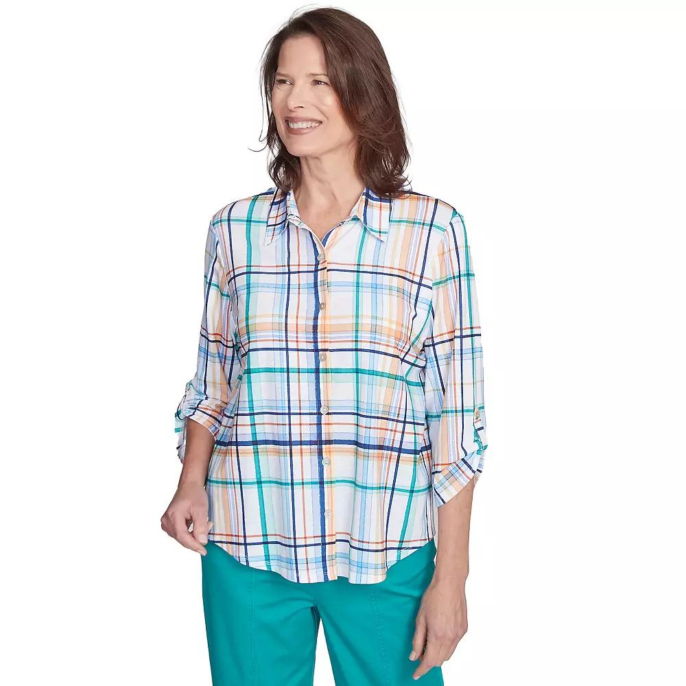 Women's Alfred Dunner Plaid Knit Button Front Top, Size: Large, Marine Team Product Image