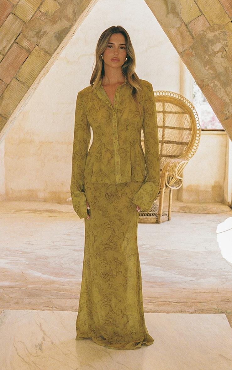 Chartreuse Abstract Print Chiffon Cinched Waist Shirt Product Image