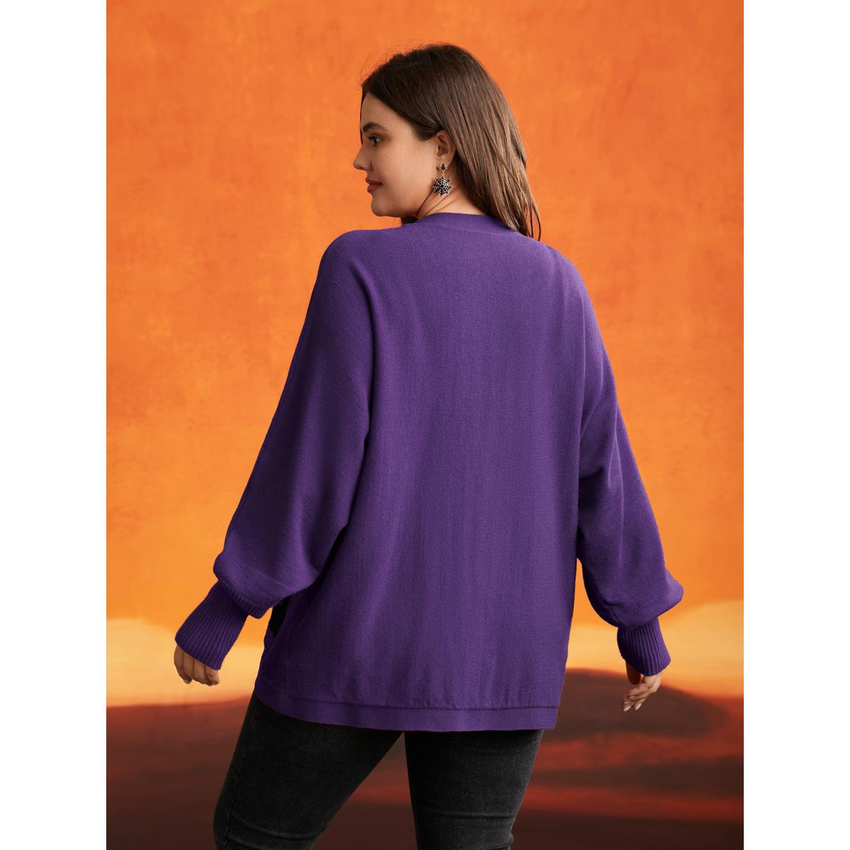 Plus Size Cat Printed Pockets Arc Hem Cardigan Deeppurple Women Playful Loose Long Sleeve Casual Cardigans BloomChic 22-24/3X Product Image