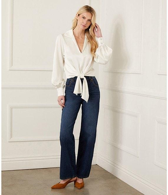 Karen Kane Satin Collared Long Sleeve Tie Front Top Product Image