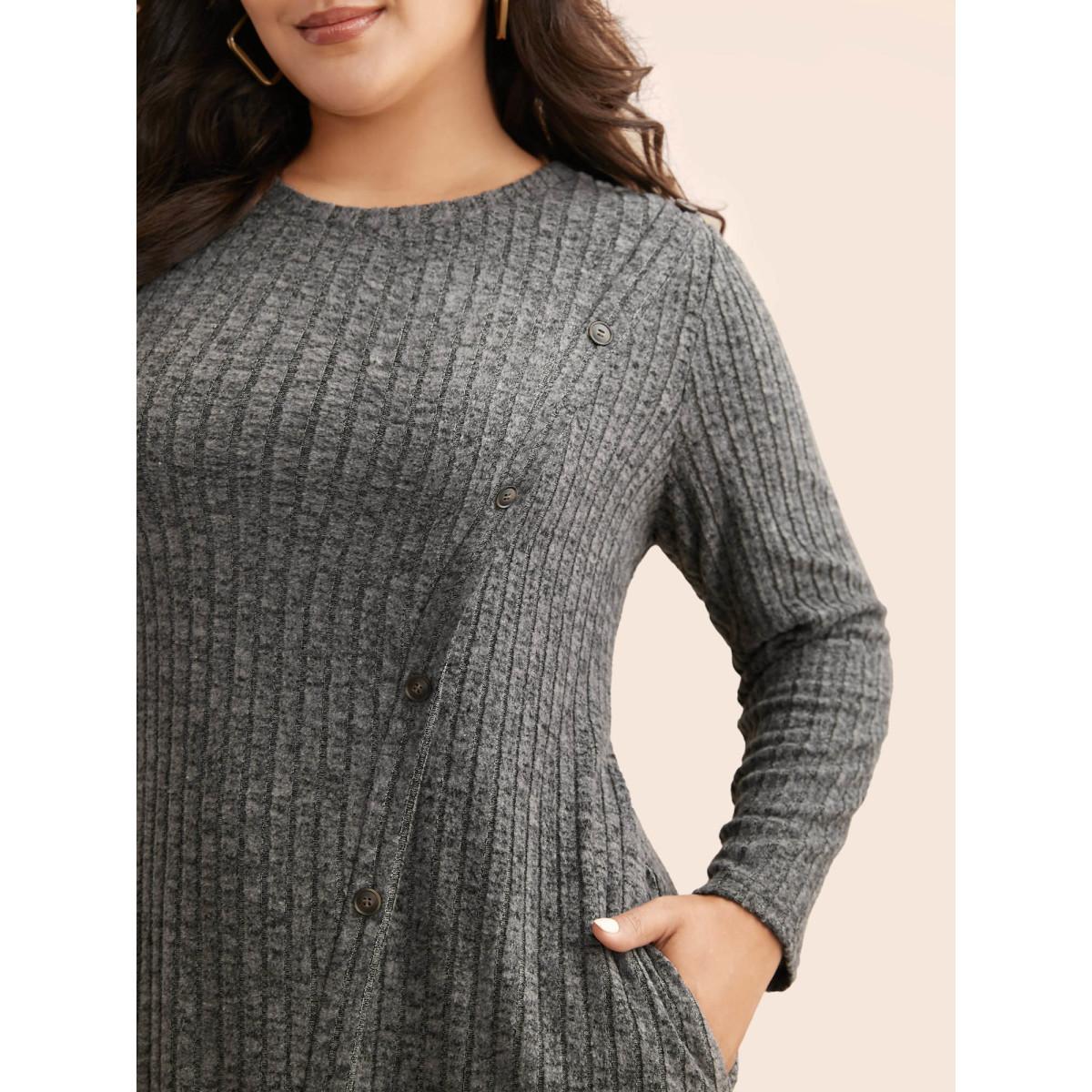 Plus Size Crew Neck Button Detail Slim Fit Dress DimGray Women Casual Texture Round Neck Long Sleeve Curvy BloomChic 30/6X Product Image