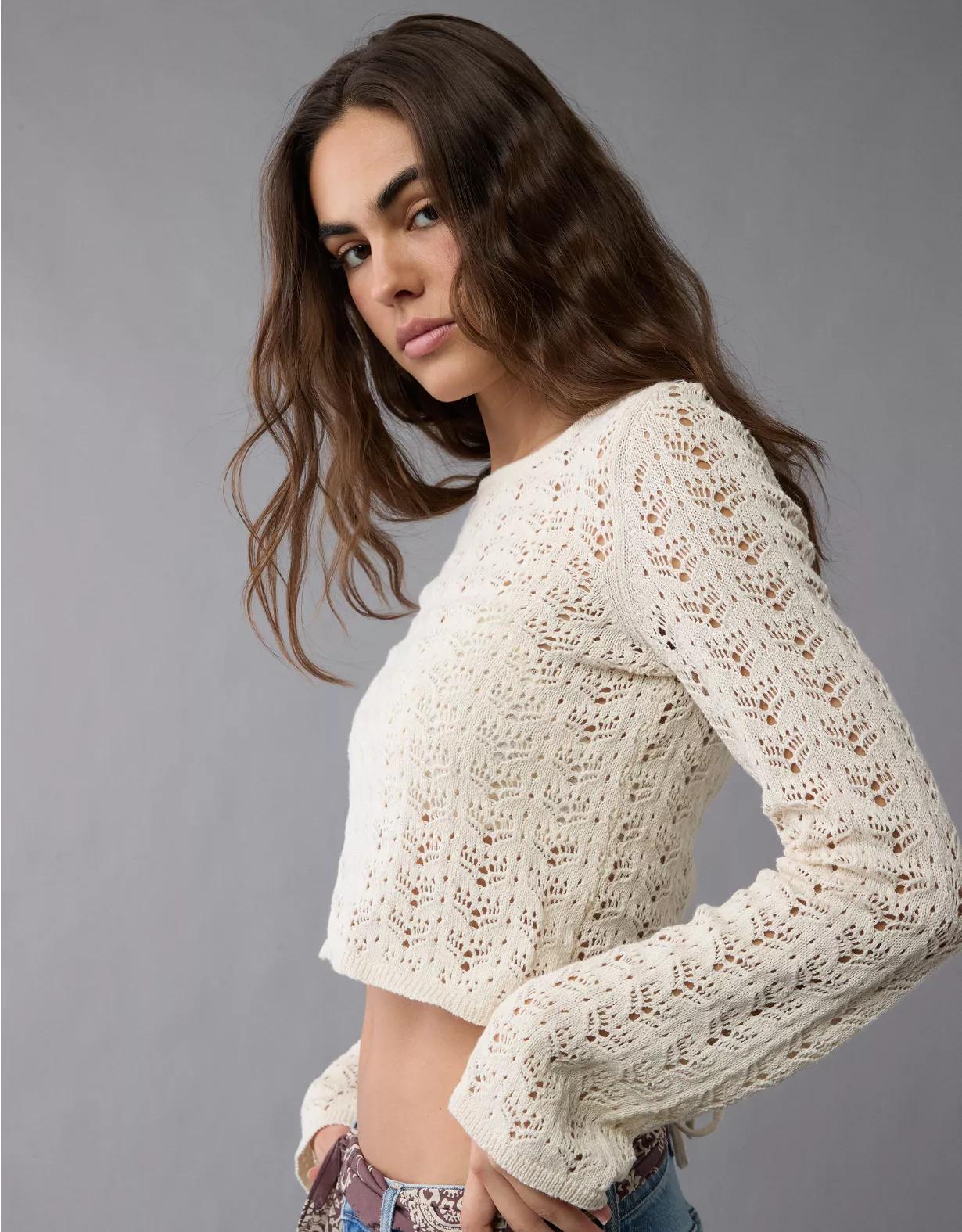 AE Lace-Up Back Crochet Sweater Product Image