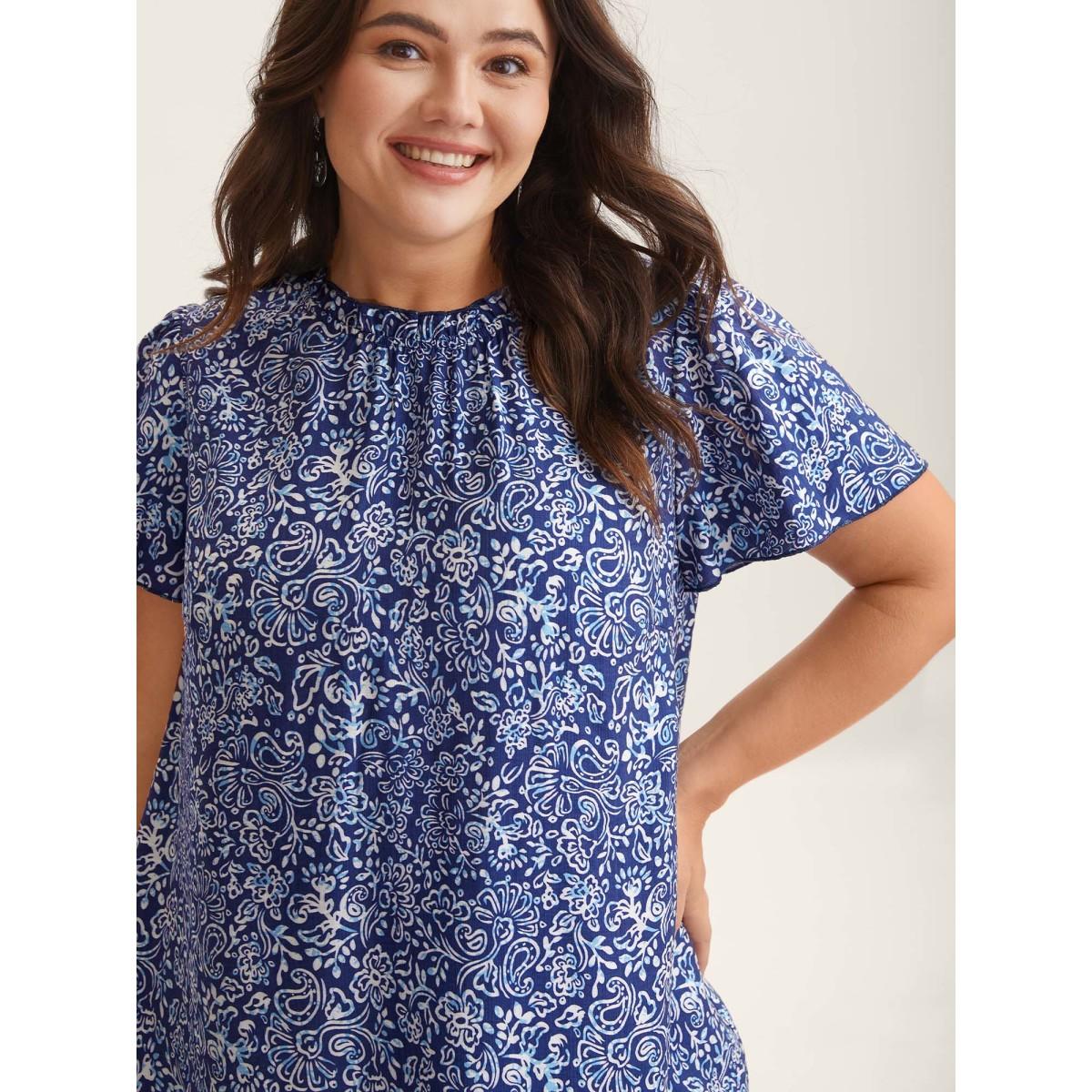 Plus Size DarkBlue In Full Bloom Mock Neck Shirt Women Resort Cap Sleeve Stand-up collar Vacation Blouses BloomChic 22-24/3X Product Image