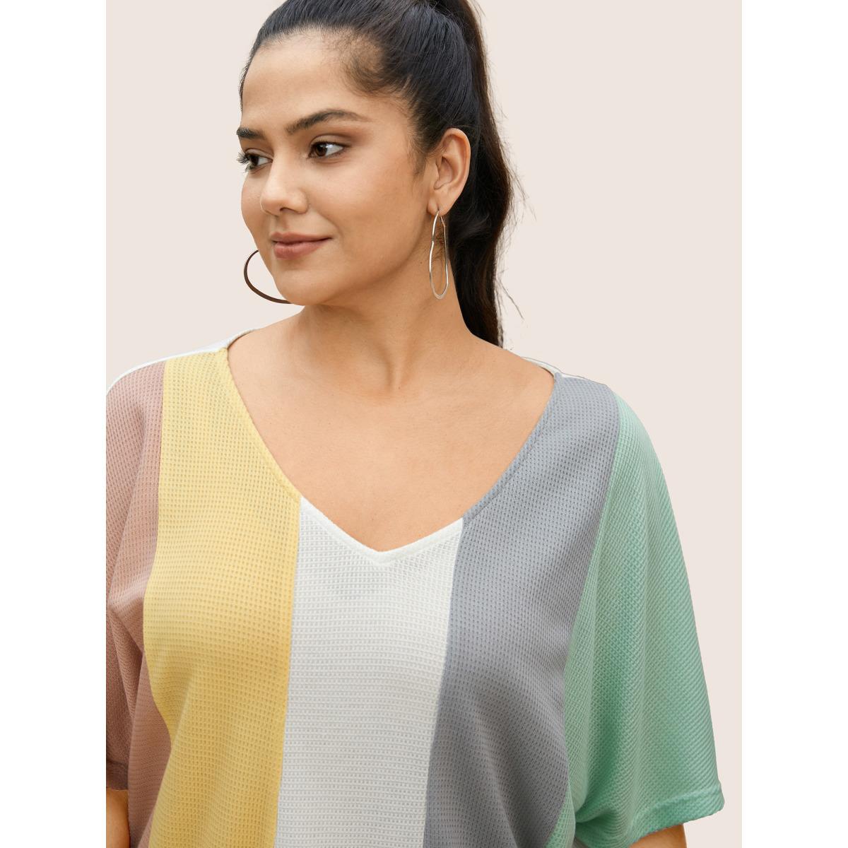 Plus Size Contrast Waffle Knit Dolman Sleeve T-shirt Multicolor Women Casual Contrast V-neck Everyday T-shirts BloomChic 30/6X Product Image