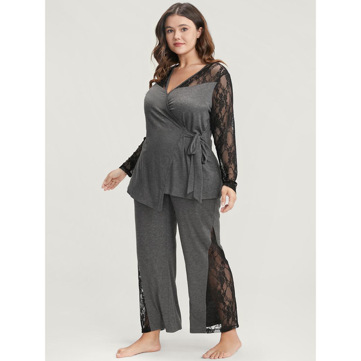 Plus Size Solid Contrast Lace Knot Side Pajama Set Women DimGray Plain Patchwork Long Sleeve V-neck Elegant Loungewear Sets BloomChic 22-24/3X Product Image