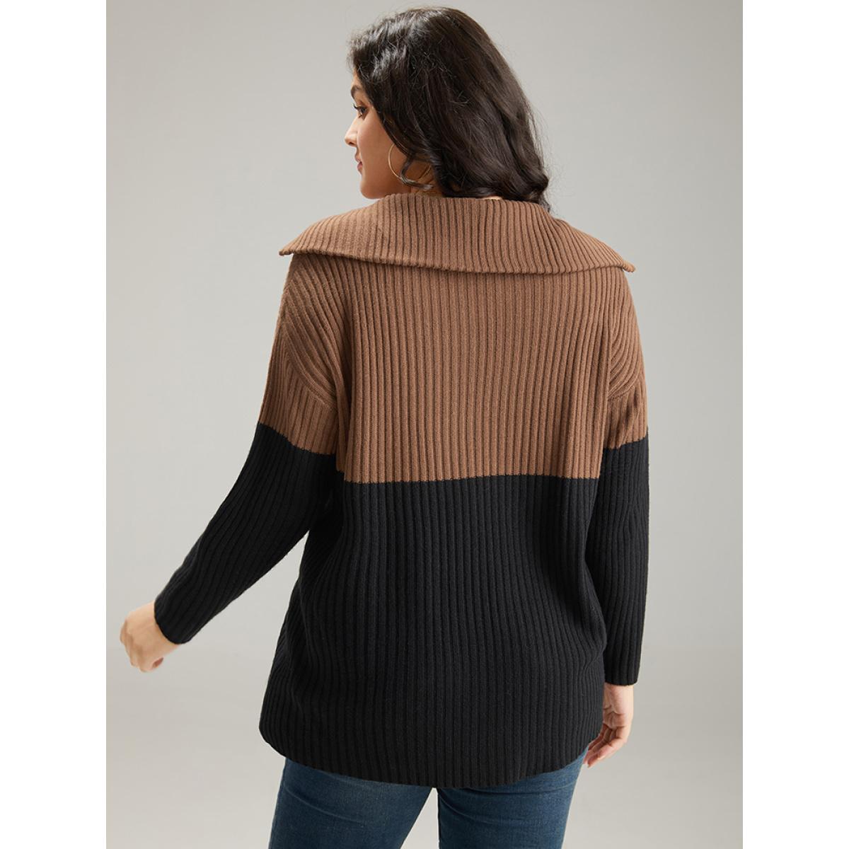 Plus Size Colorblock Contrast Half Zip Lapel Collar Pullover Black Women Casual Loose Long Sleeve Lapel Collar Dailywear Pullovers BloomChic 22-24/3X Product Image