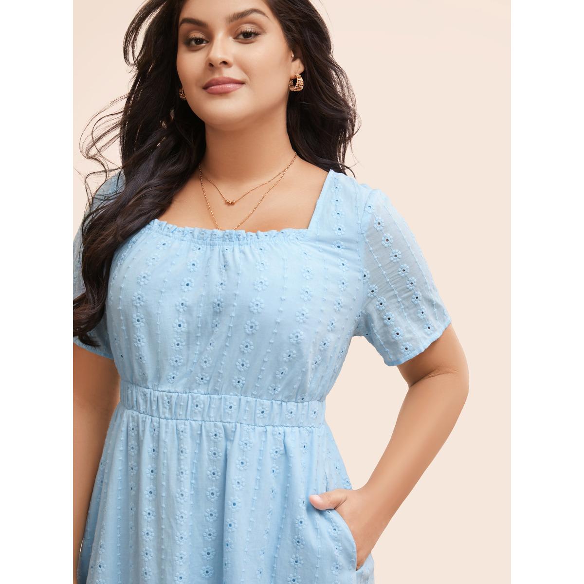 Plus Size Square Neck Broderie Anglaise Frill Trim Dress Skyblue Women Elegant Texture Square Neck Short sleeve Curvy BloomChic 10/M Product Image