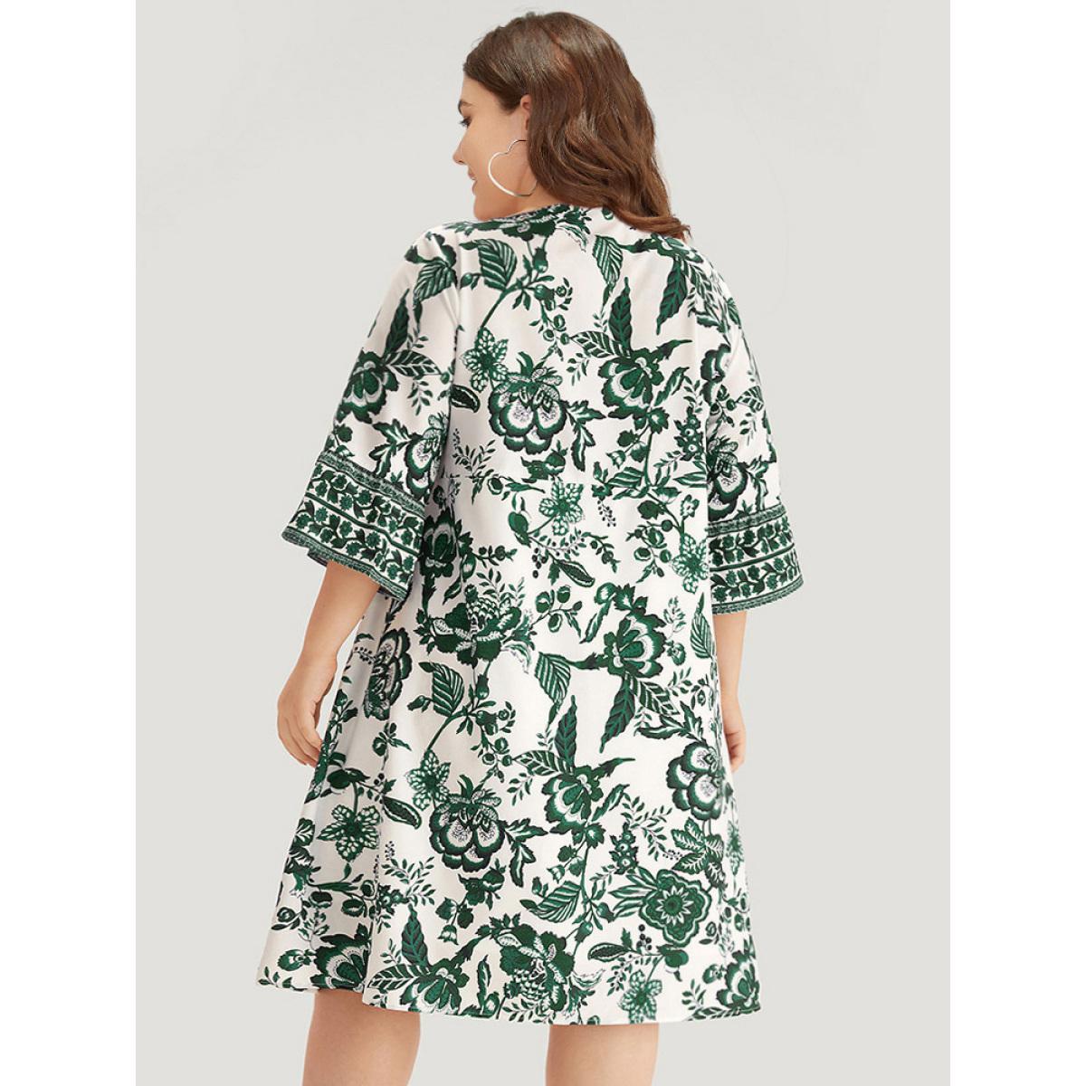 Plus Size Bandana Print Knot Neck Button Detail Dress DarkGreen Women Vacation Cross straps V-neck Elbow-length sleeve Curvy Midi Dress BloomChic 14-16/1X Product Image