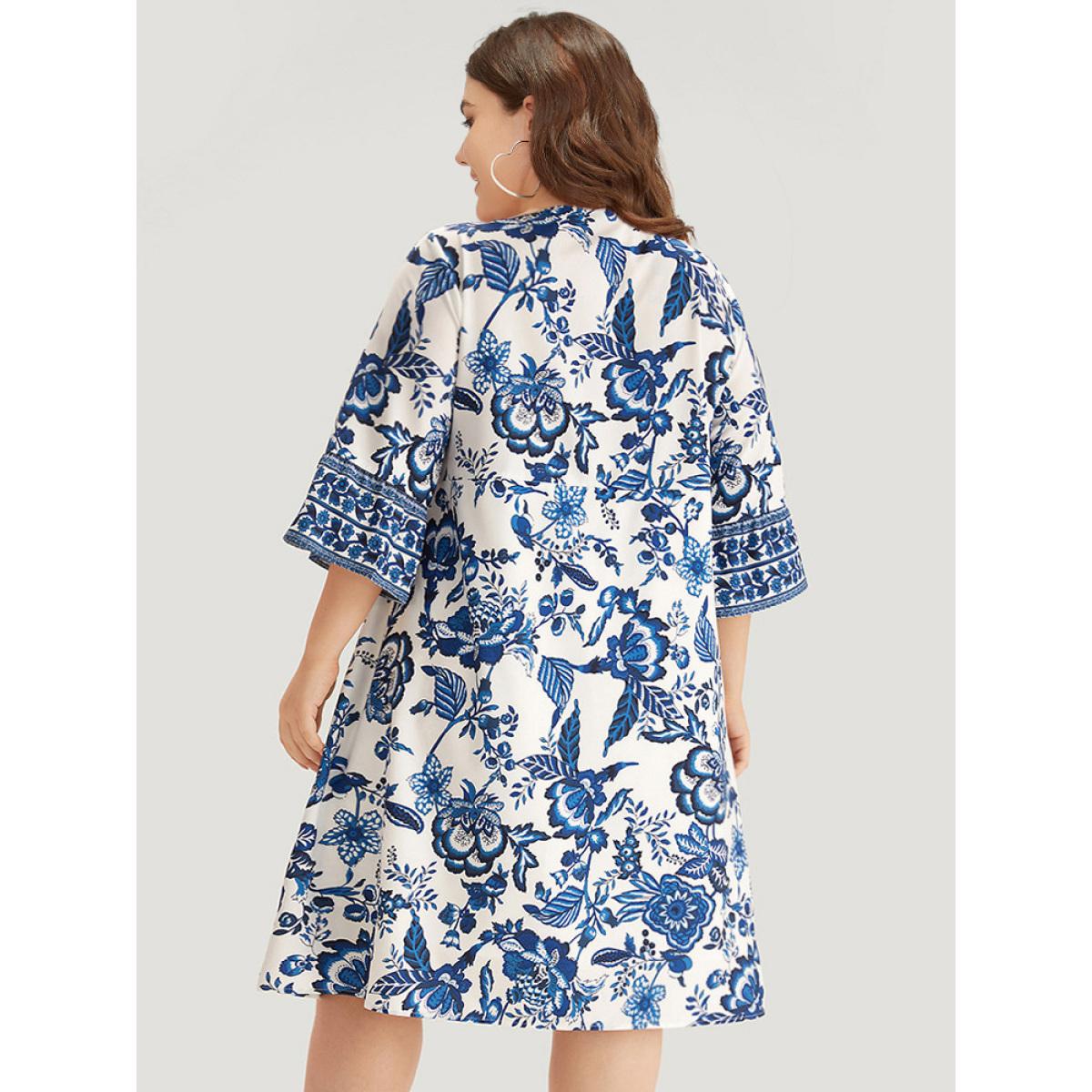 Plus Size Bandana Print Knot Neck Button Detail Dress DarkBlue Women Vacation Cross straps V-neck Elbow-length sleeve Curvy Midi Dress BloomChic 22-24/3X Product Image