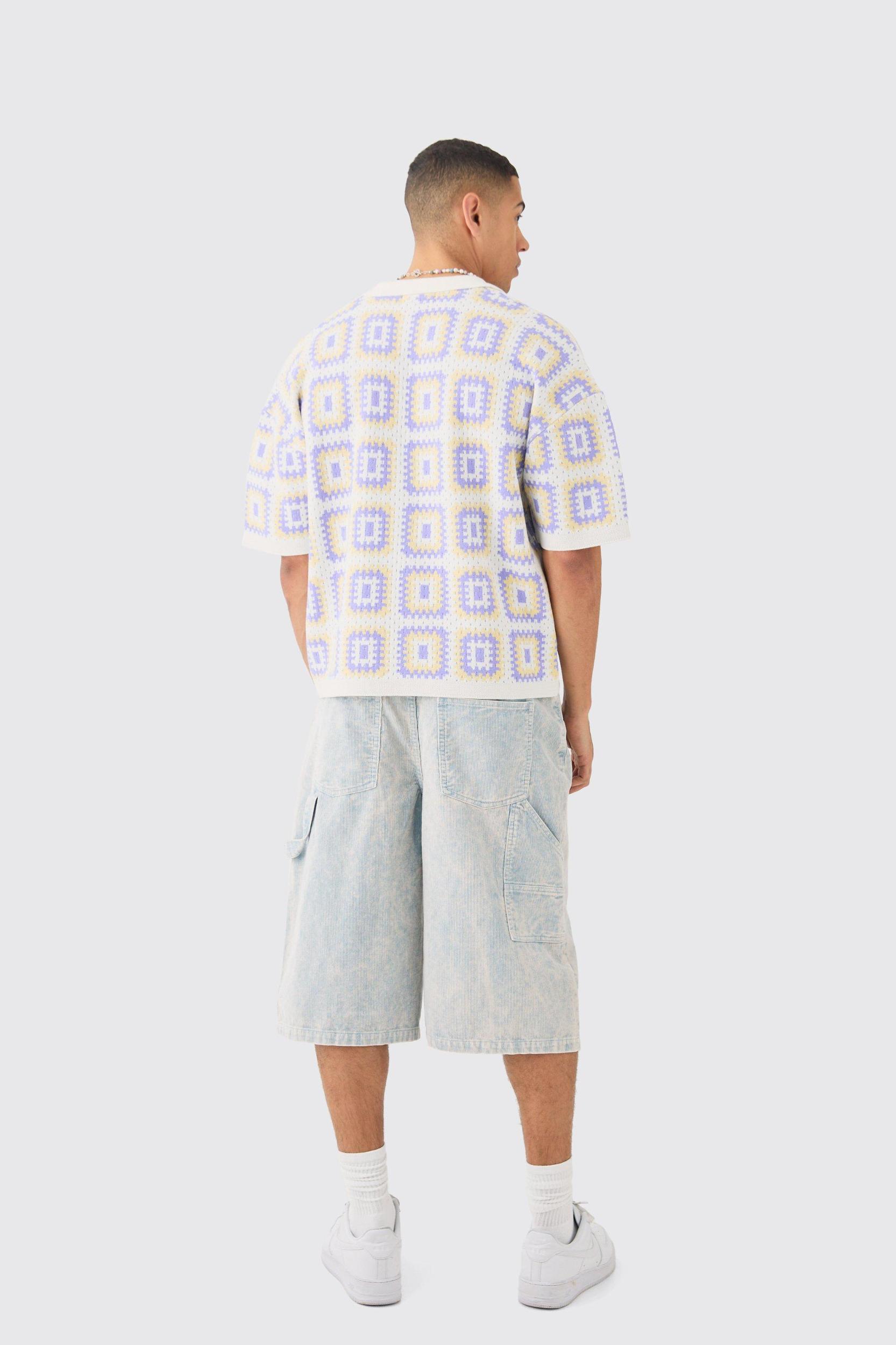 Oversized Boxy Crochet Knit Polo In White | boohooMAN USA Product Image