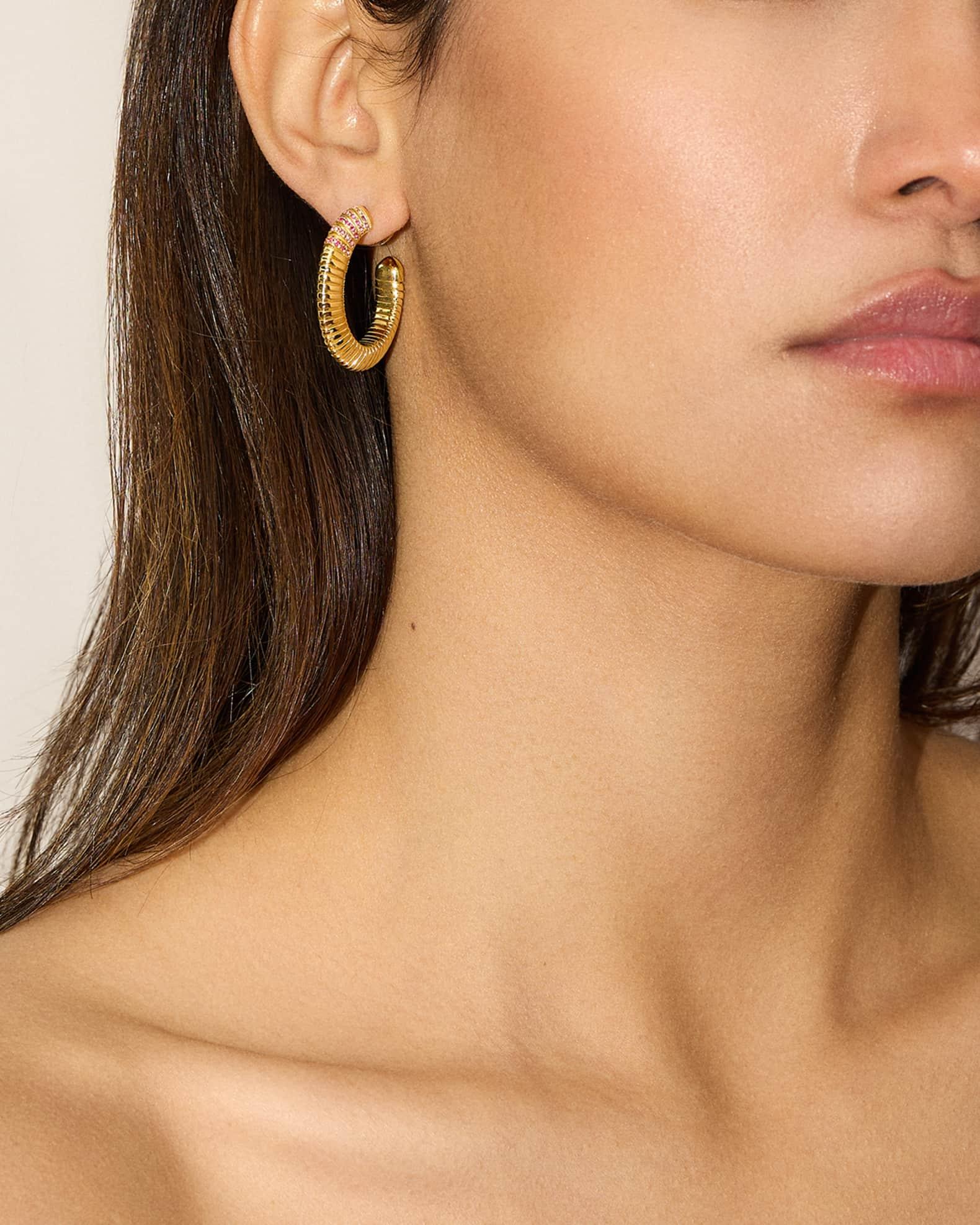 18K Tri Tubogas Hoop Earrings with Pink Sapphires Product Image