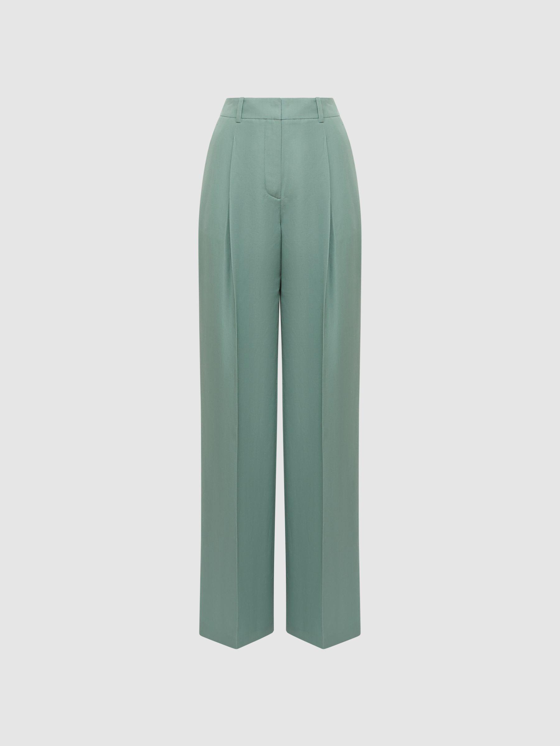 Linen Blend Wide Leg Trousers in Teal Product Image