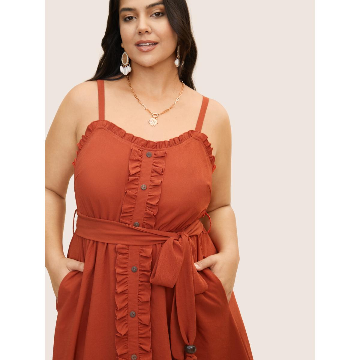 Plus Size Plain Textured Frill Trim Button Detail Dress Russet Women Resort Frill Trim Heart neckline Sleeveless Curvy BloomChic 22-24/3X Product Image