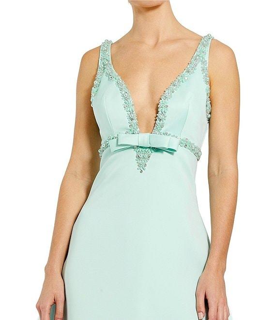 Mac Duggal Beaded Trim Deep V-Neck Sleeveless Bow Mini Babydoll Dress Product Image