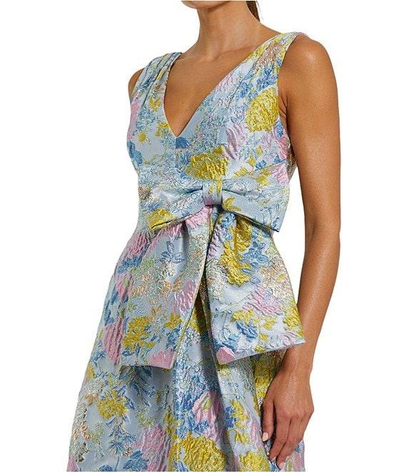Mac Duggal Brocade Floral Print V Neck Sleeveless Bow Detail A-Line Midi Dress Product Image