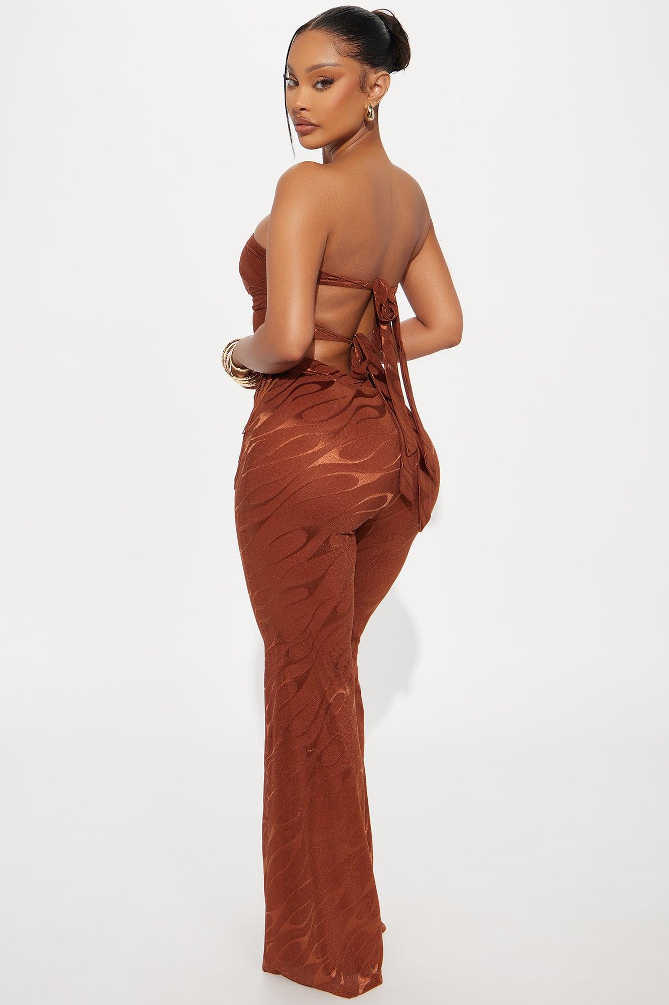 Pia Fringe Tube Top Flare Pant Set - Rust Product Image