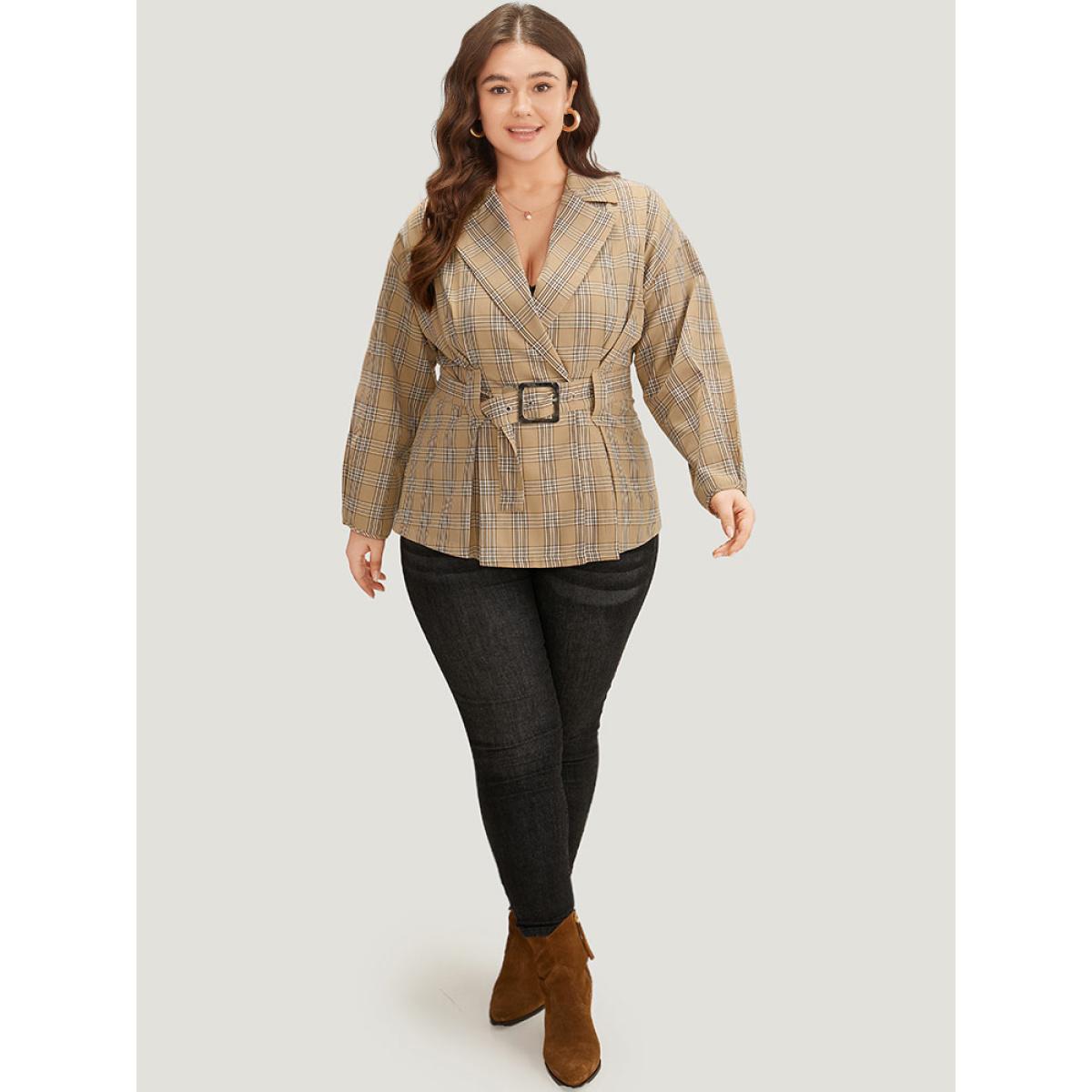Plus Size Plaid Metal Buckle Detail Pleated Coat Women Tan Casual Belted Ladies Dailywear Winter Coats BloomChic 22-24/3X Product Image