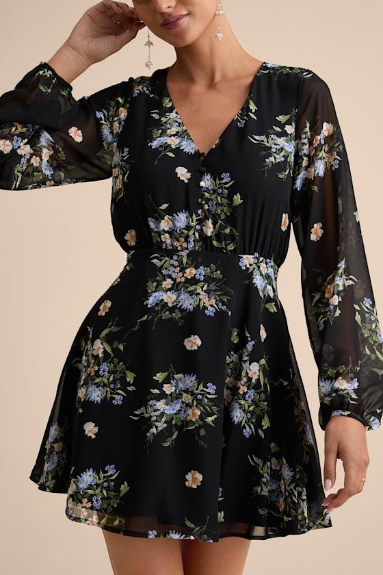 Always Your Black Floral Print Long Sleeve Skater Dress Product Image