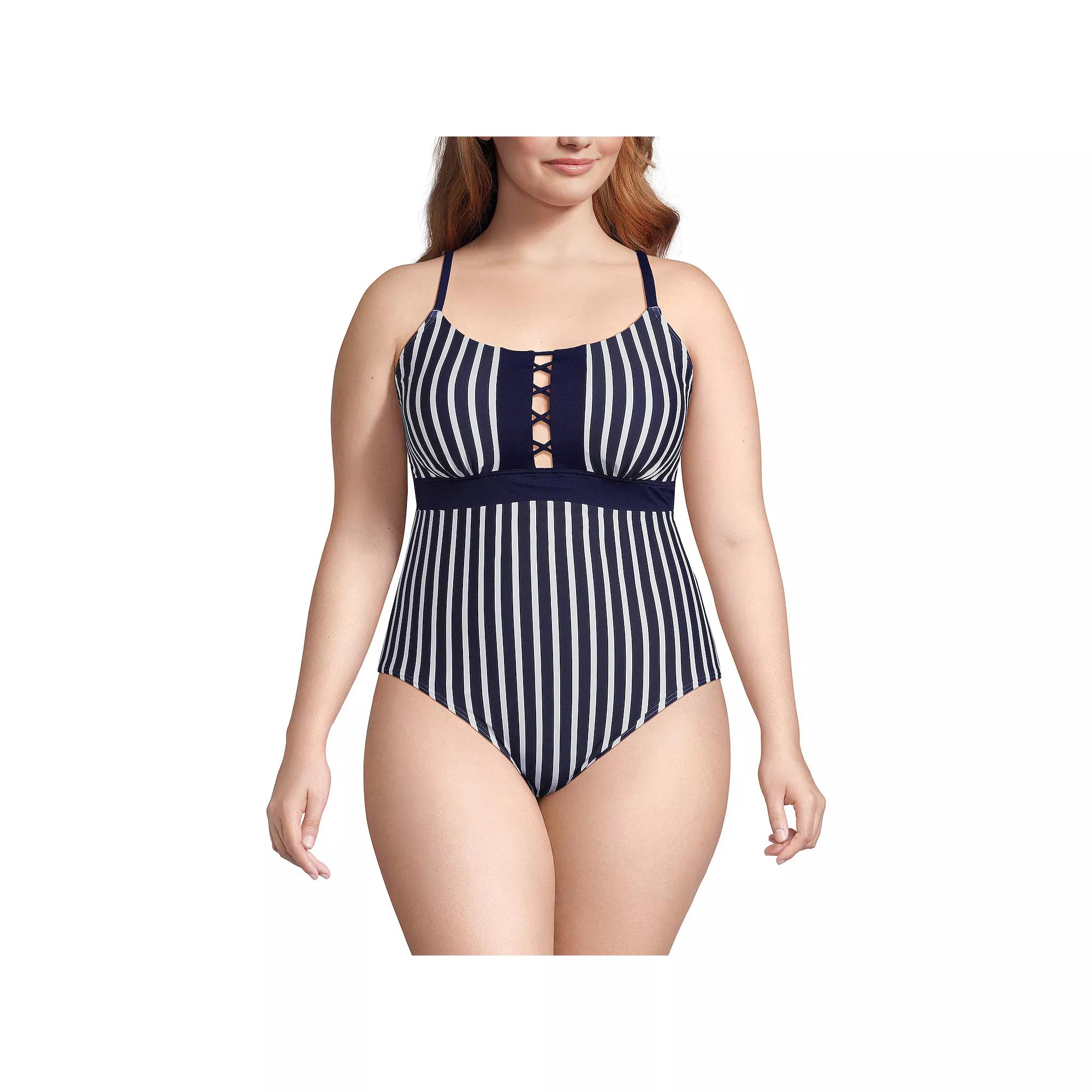 Plus Size Lands' End Lace-Up Front One-Piece Swimsuit, Women's, Size: 20 W, White Stripe Product Image