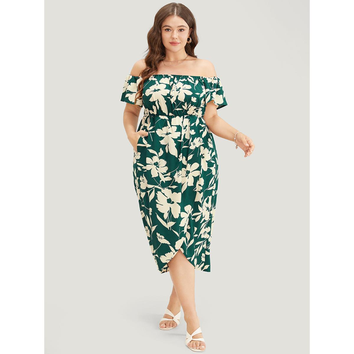 Plus Size Floral Ruffles Pleated Split Hem Pocket Off Shoulder Dress Emerald Women Elegant Printed One-shoulder neck Short sleeve Curvy Midi Dress BloomChic 30/6X Product Image