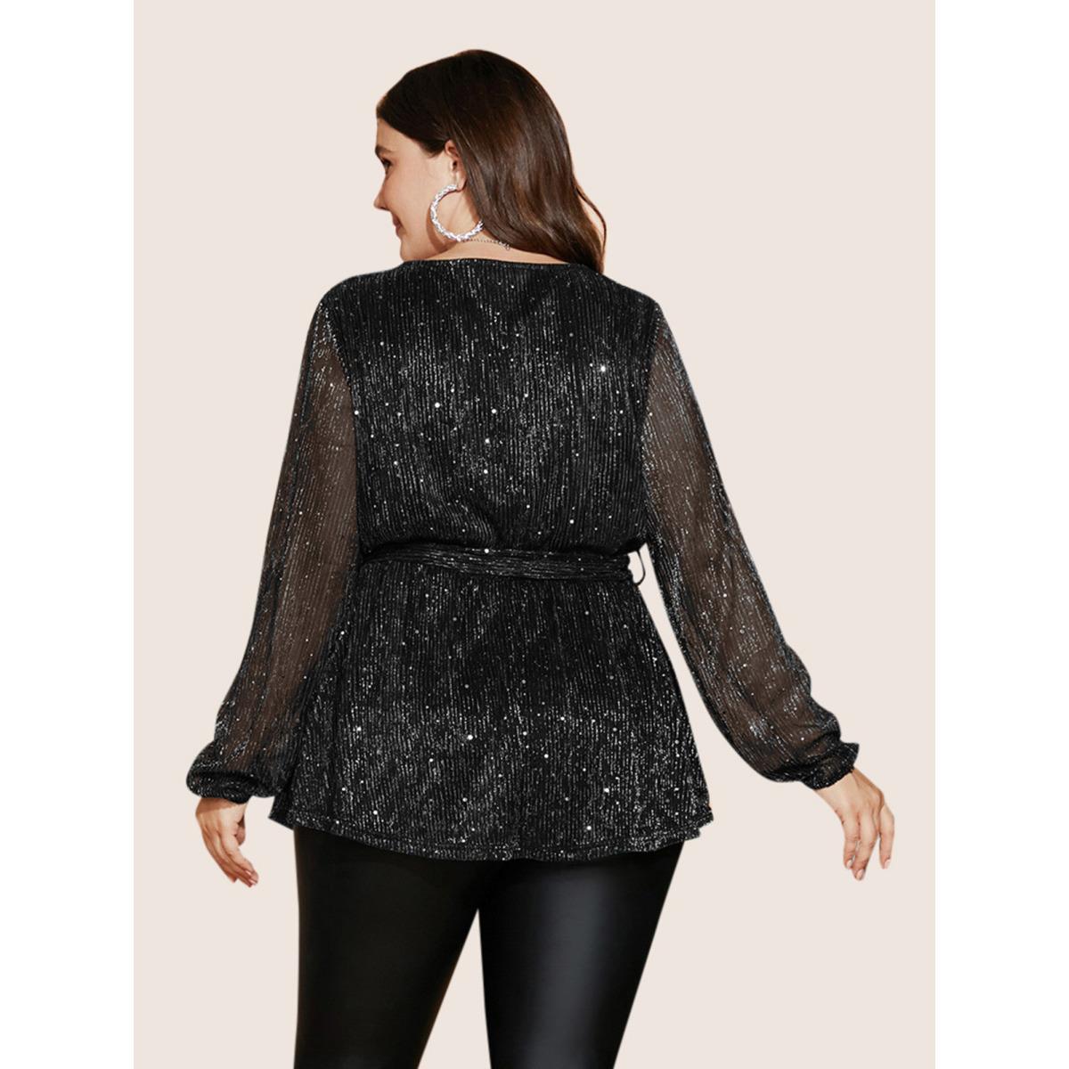 Plus Size Black Sequin Mesh Lantern Sleeve Wrap Belted Striped Blouse Women Party&Cocktail Long Sleeve Overlap Collar Party Blouses BloomChic 28/5X Product Image
