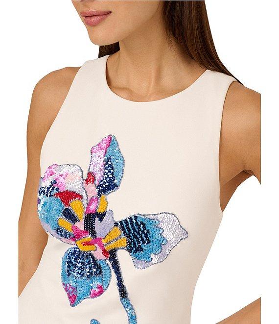 Adrianna by Adrianna Papell Crepe Beaded Floral Placement Print Crew Neck Sleeveless Shift Mini Dress Product Image