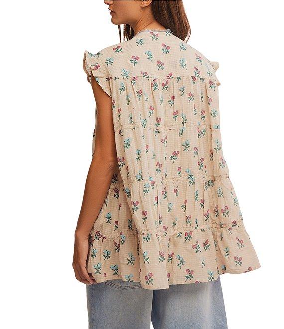 Free People Sundown Floral Print Split Neck Cap Sleeve Mini Babydoll Dress Product Image