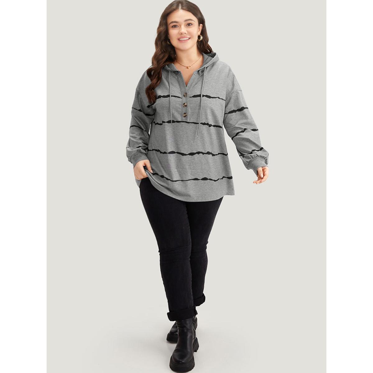 Plus Size Striped Drawstring Hooded Button Up Sweatshirt Women Gray Casual Elastic cuffs Hooded Dailywear Sweatshirts BloomChic 12/L Product Image