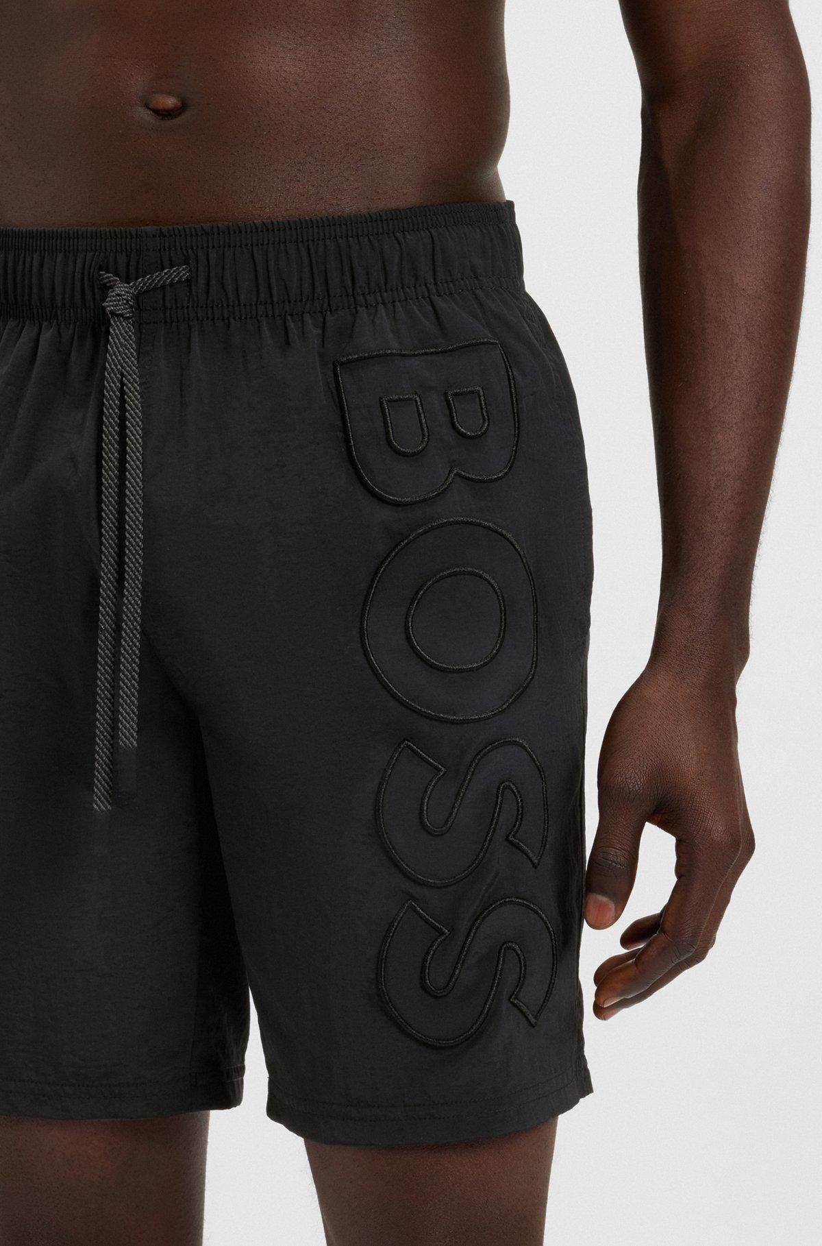 BOSS - Fully lined swim shorts with 3D logo embroidery - Black Product Image