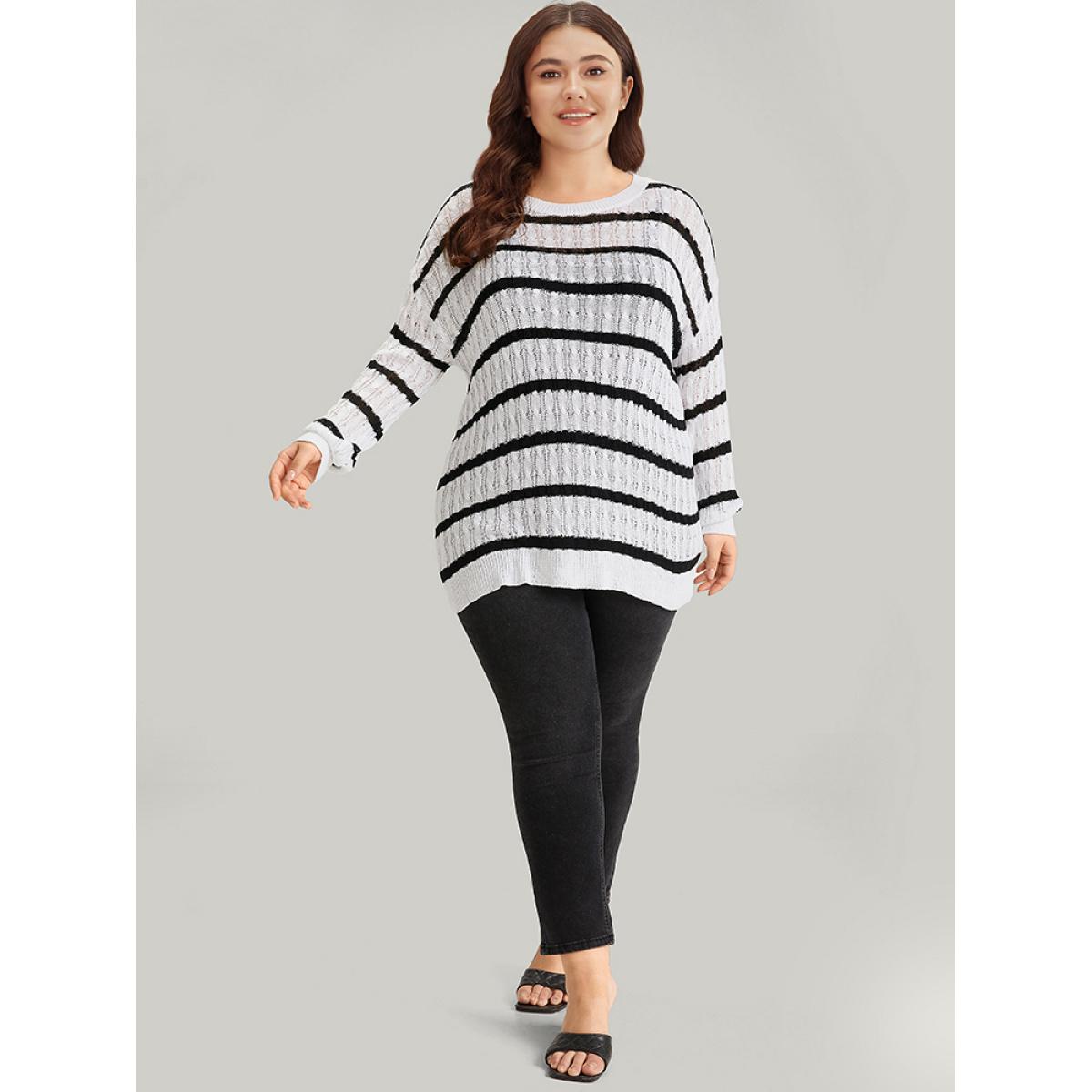Plus Size Striped Cable Knit Drop Shoulder Pullover White Women Casual Bodycon Long Sleeve Round Neck Everyday Pullovers BloomChic 10/M Product Image
