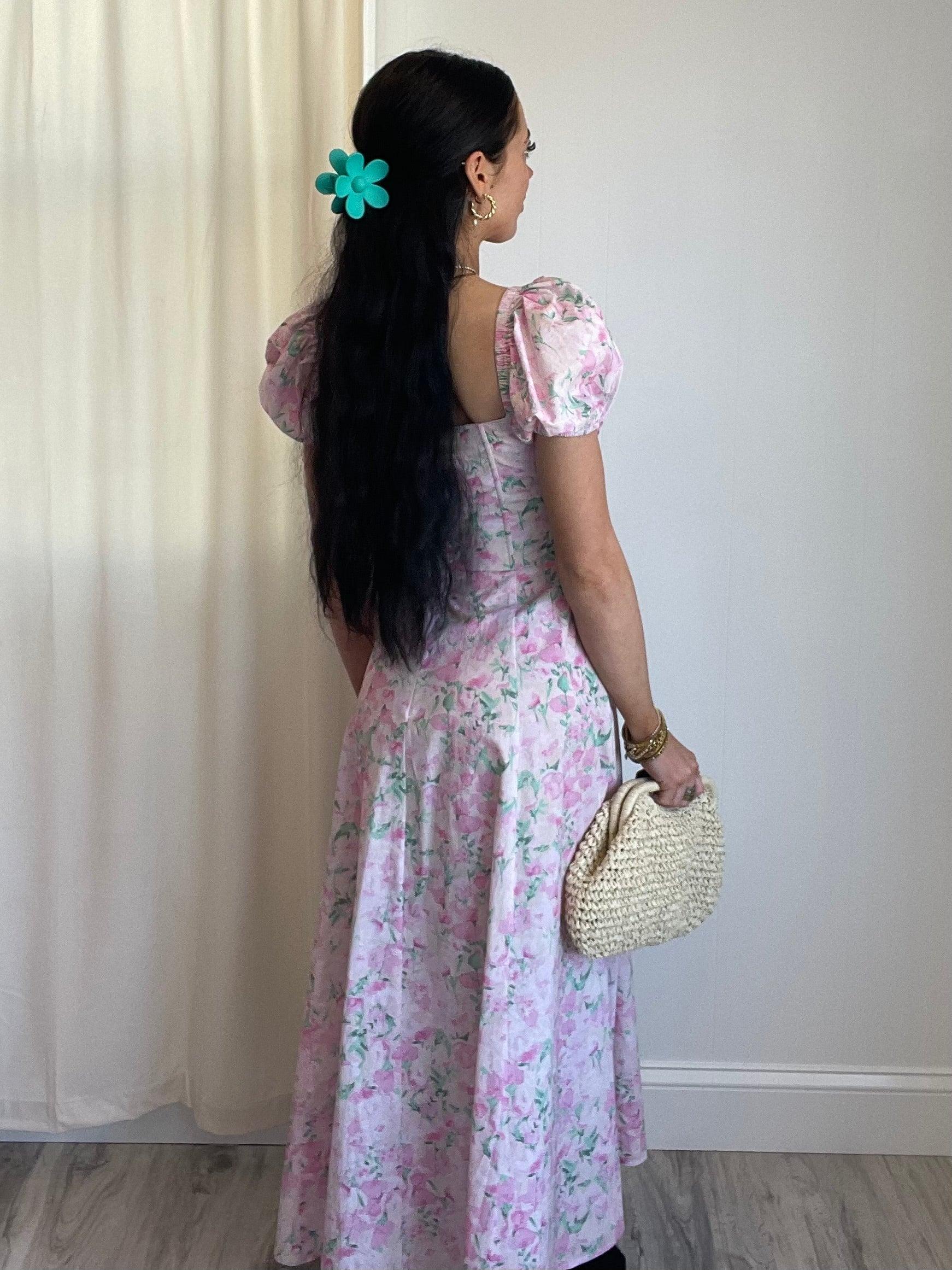 FINAL SALE Gigi Floral Puff Sleeve Midi Dress | Pink Product Image