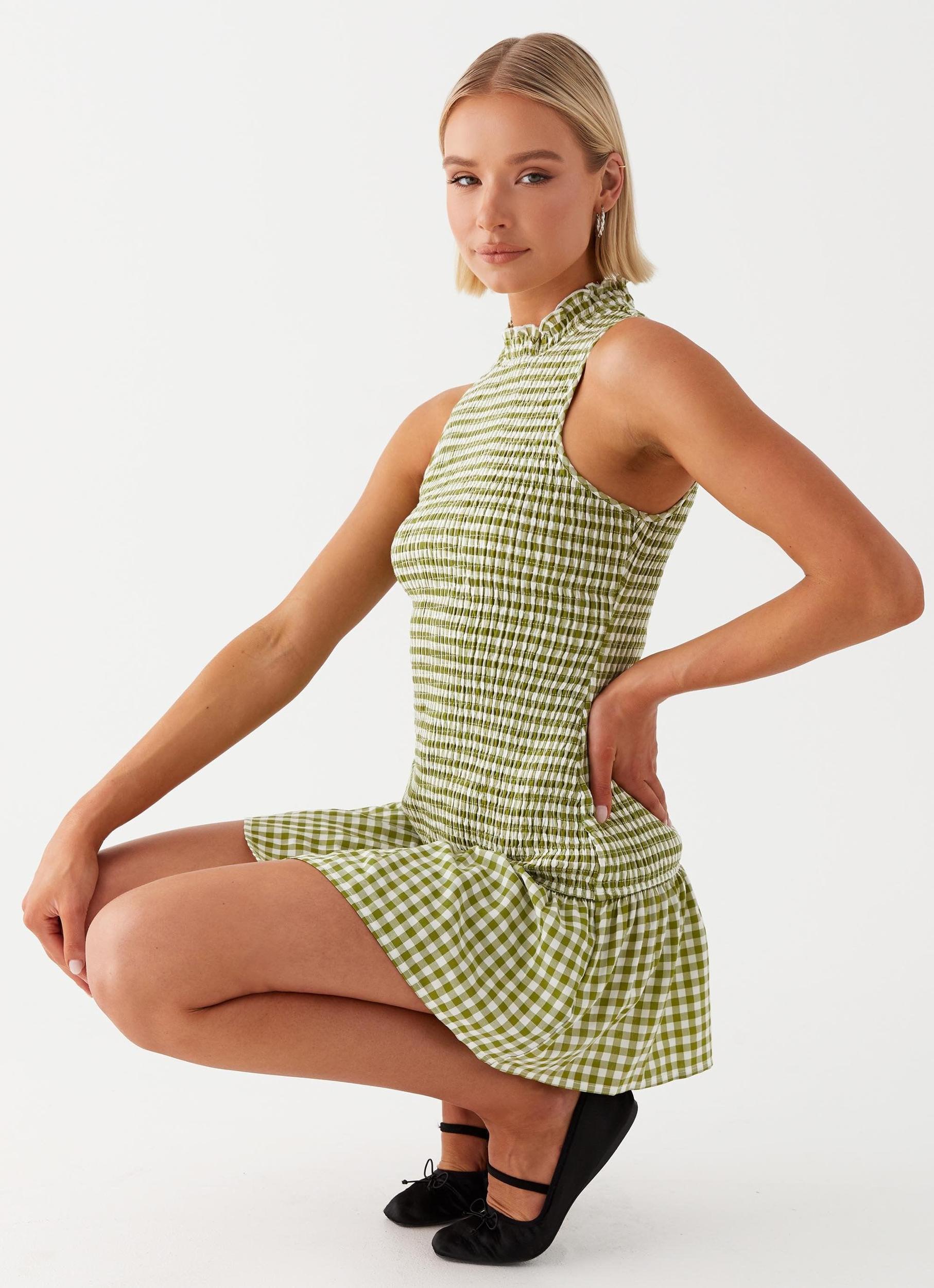Cassie shirred Mini Dress - Khaki Gingham Product Image