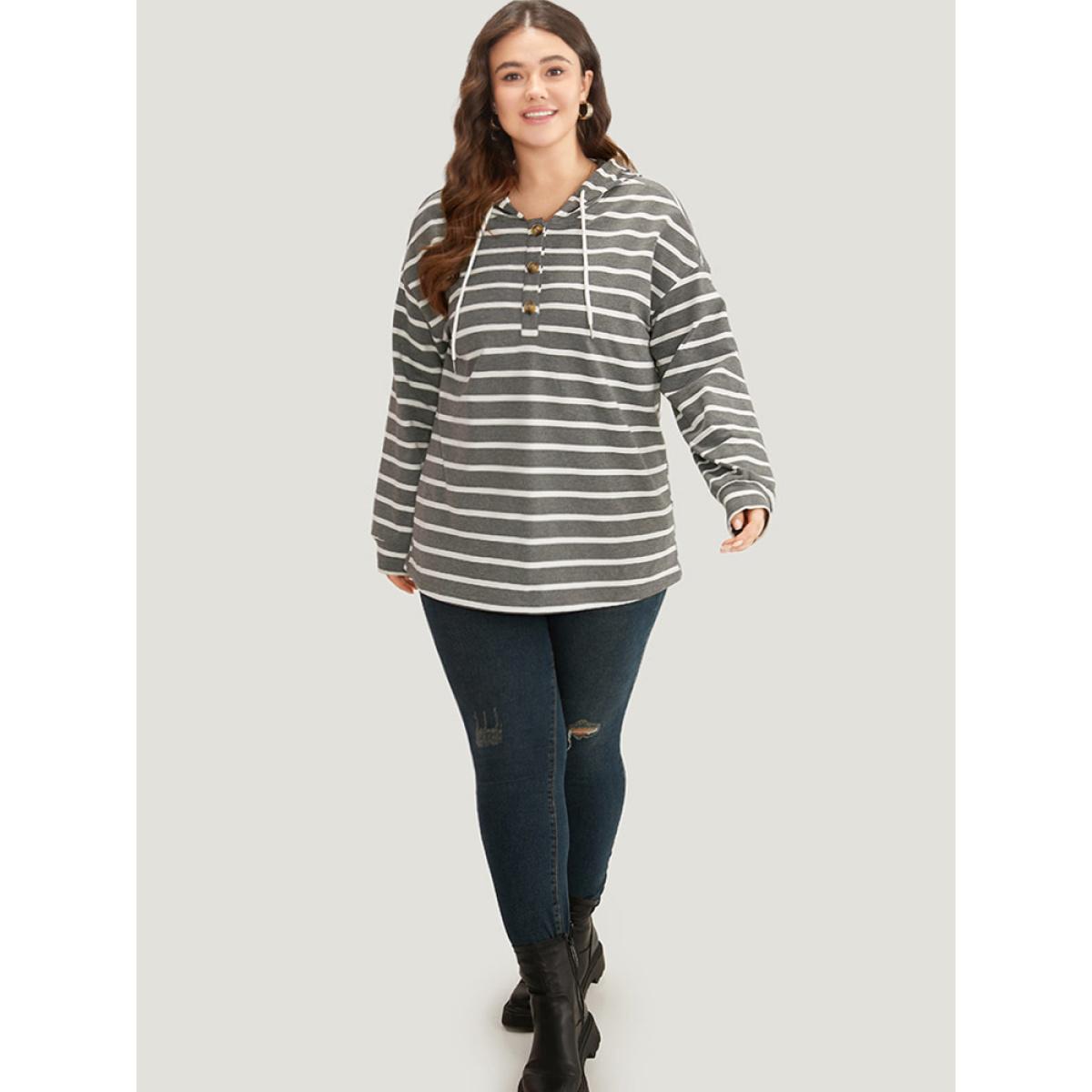 Plus Size Striped Button Up Hooded Sweatshirt Women Gray Casual Button Hooded Dailywear Sweatshirts BloomChic 10/M Product Image